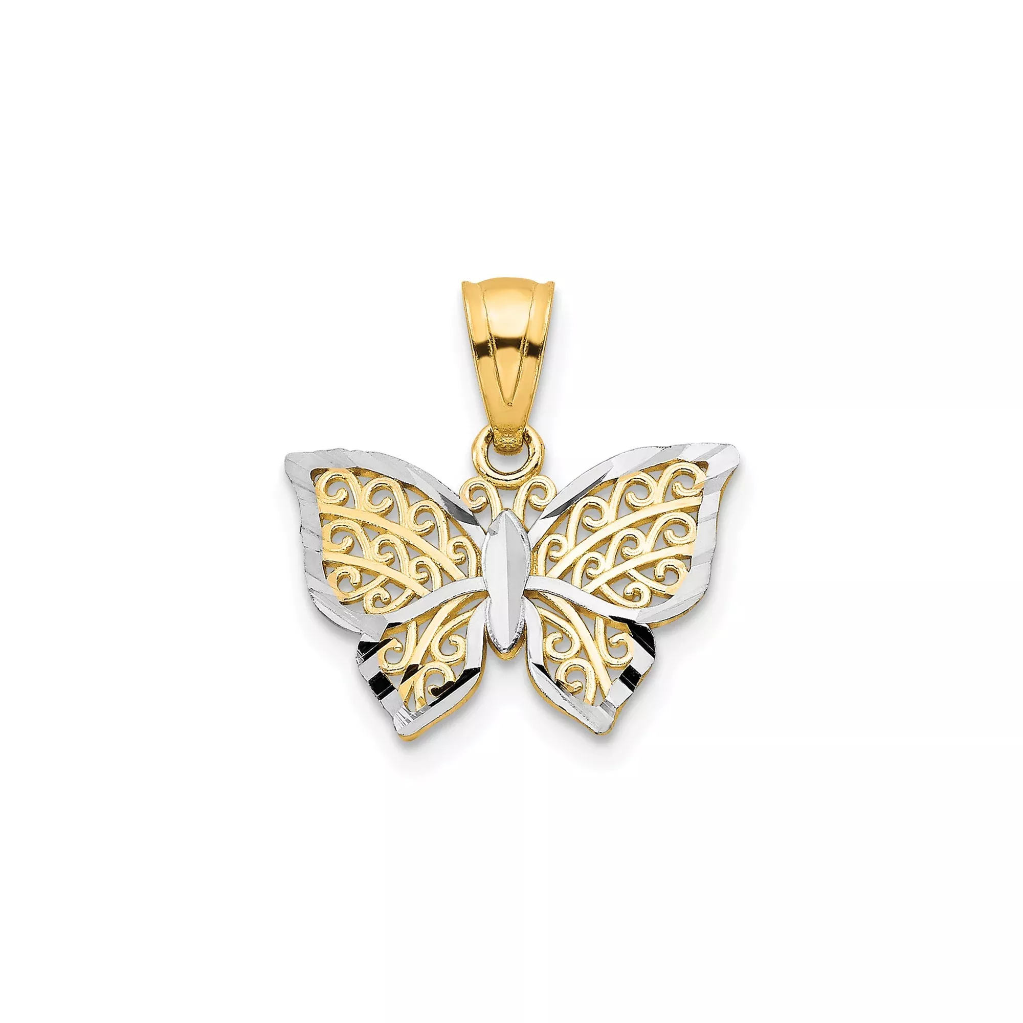 10k Multi-Tone Gold Butterfly Pendant with Rhodium Accents and Filigree Detailing