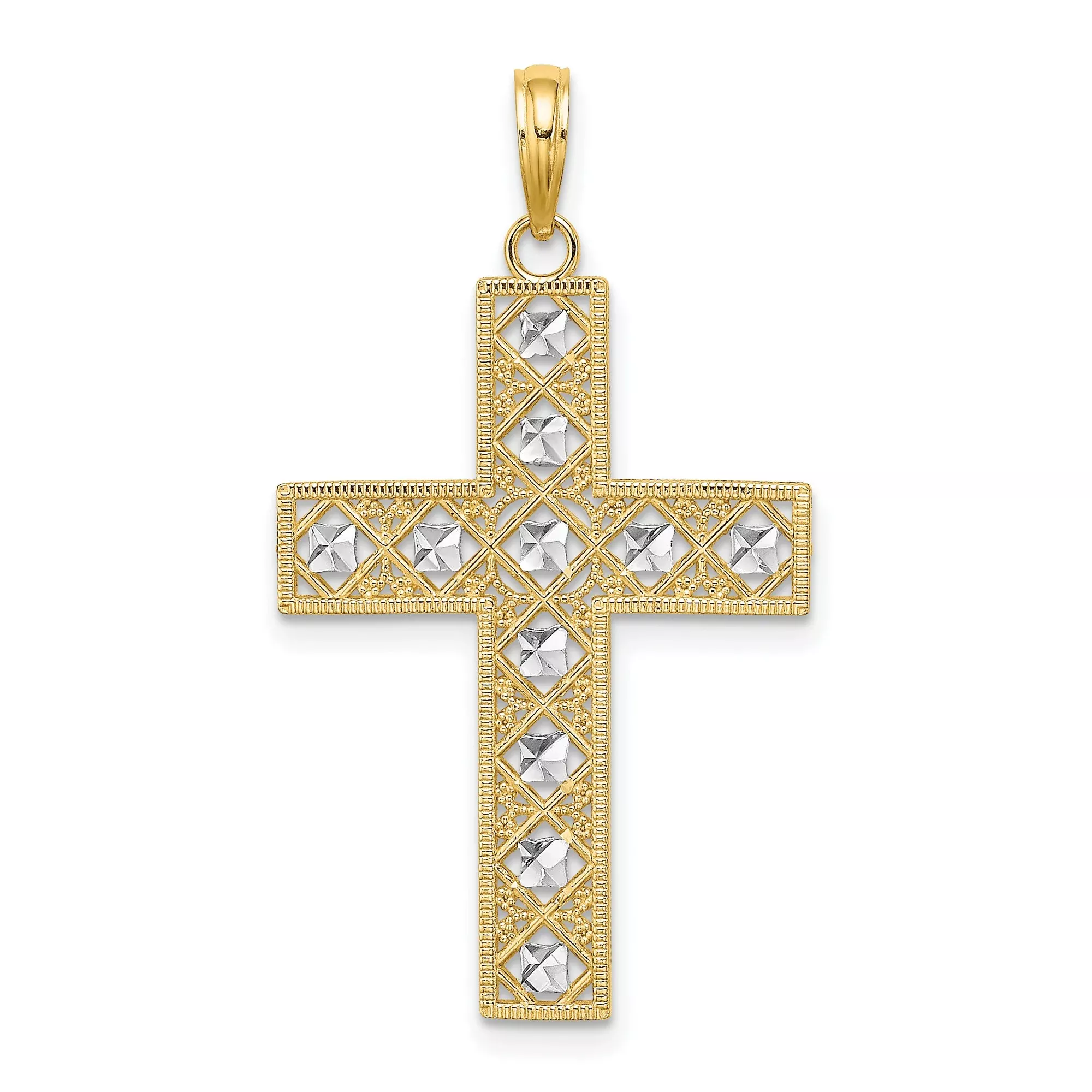 10k Multi-Tone Gold Cross Pendant with Diamond Cut Detailing and Milgrain Accents