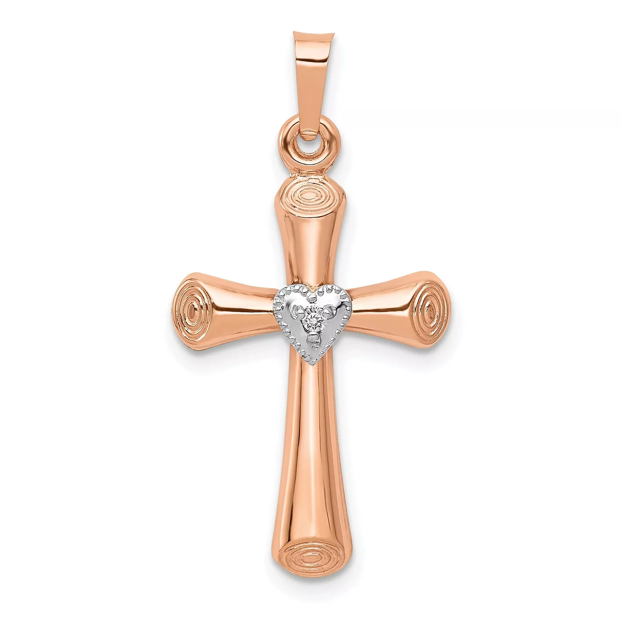 10k Multi-Tone Gold Cross Pendant with Diamond Heart Accent, Barrel Style Christian Design