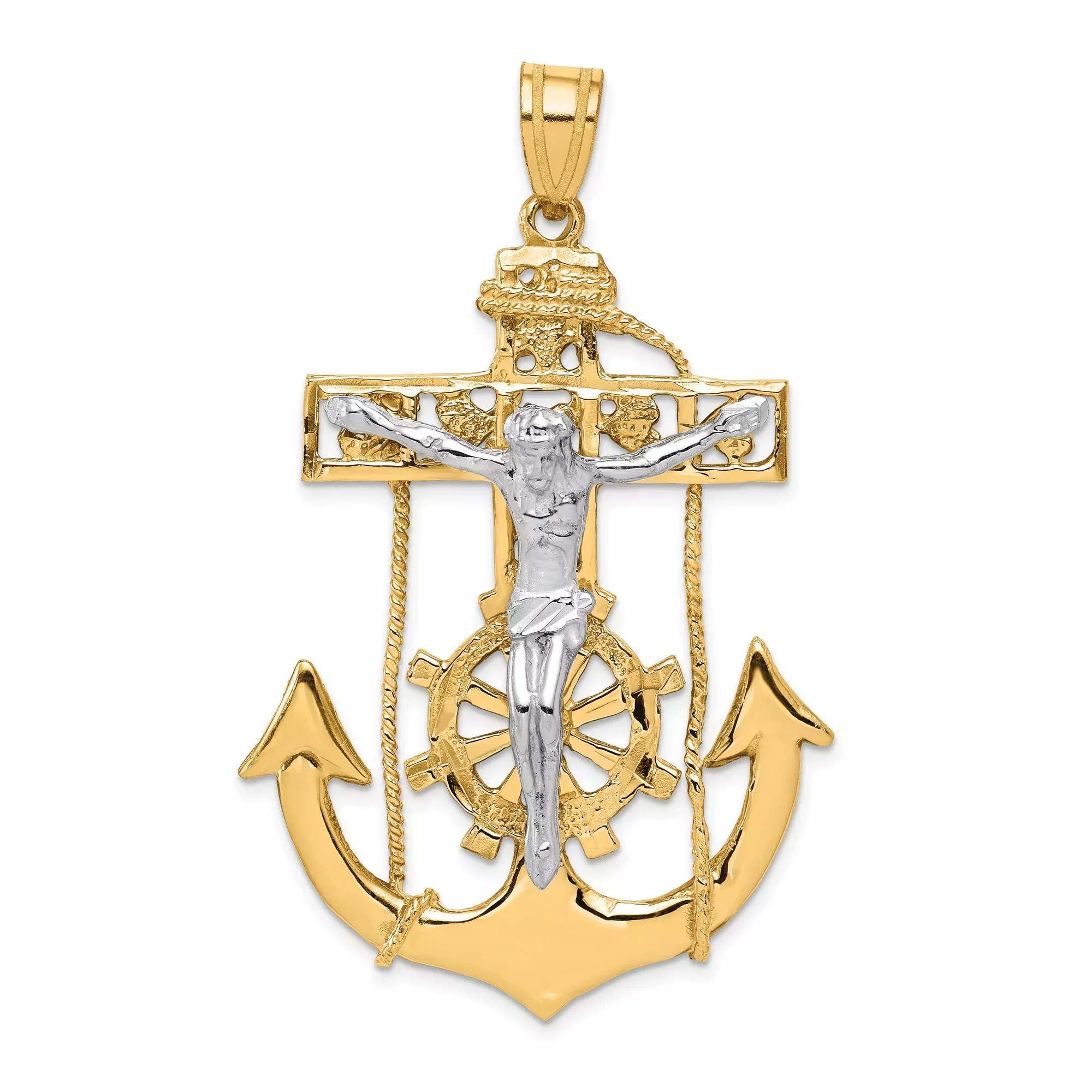 10k Multi-Tone Gold Crucifix Anchor Pendant with Jesus Figure and Mariner Cross Design