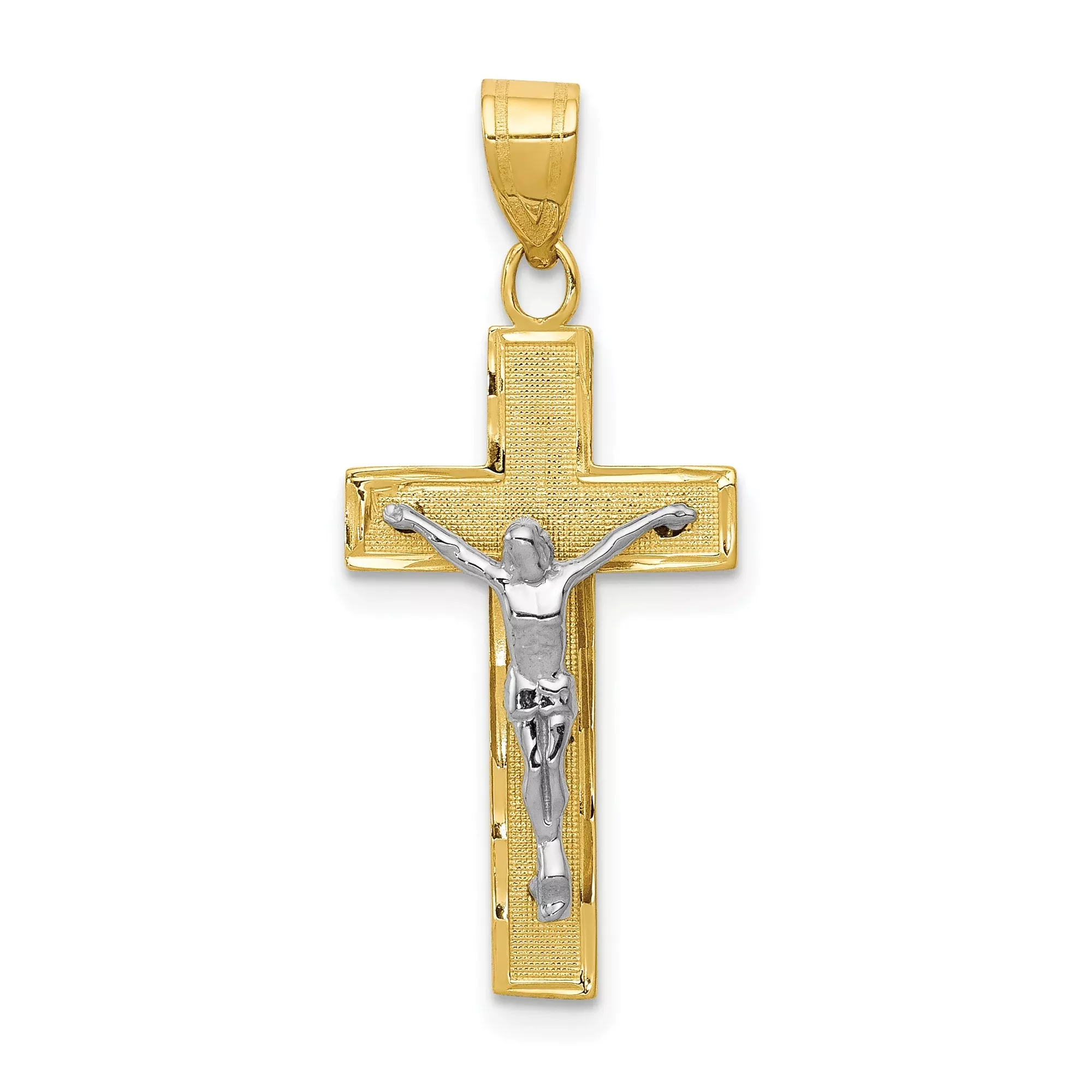 10k Multi-Tone Gold Crucifix Cross Pendant with Detailed Christ Figure, Catholic Religious Jewelry