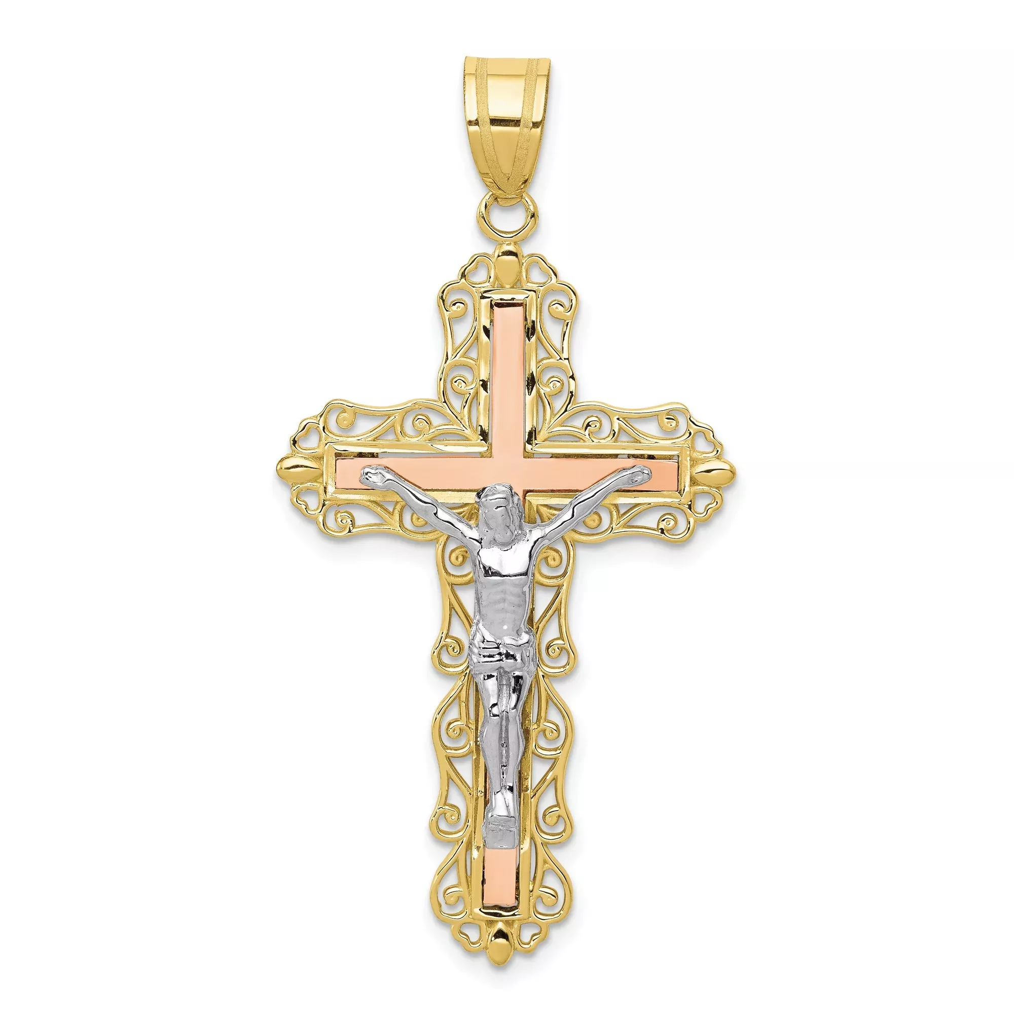 10k Multi-Tone Gold Crucifix Cross Pendant with Diamond Cut Jesus Figure, Religious Catholic Jewelry