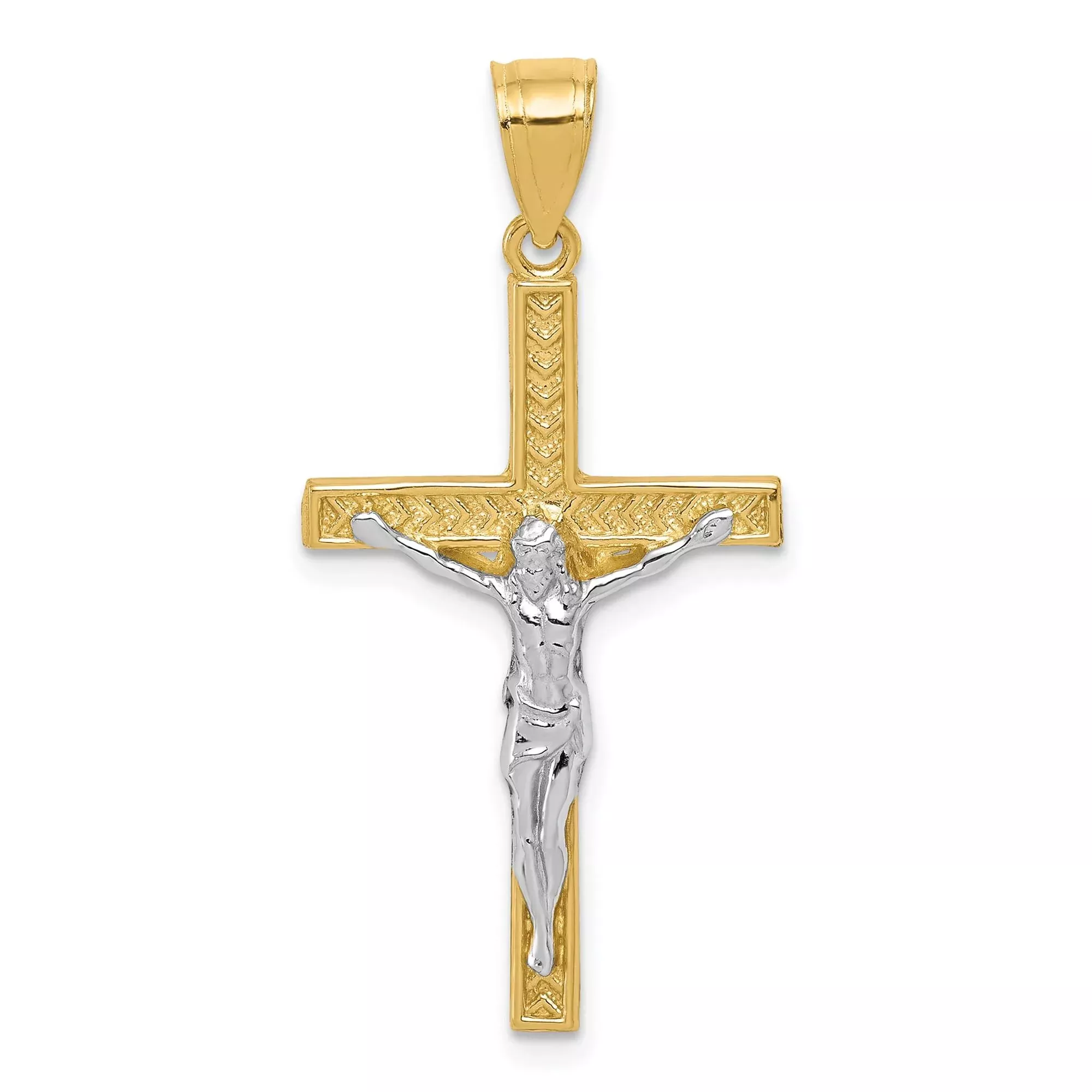 10k Multi-Tone Gold Crucifix Cross Pendant with Etched Jesus Figure, Unisex Religious Jewelry