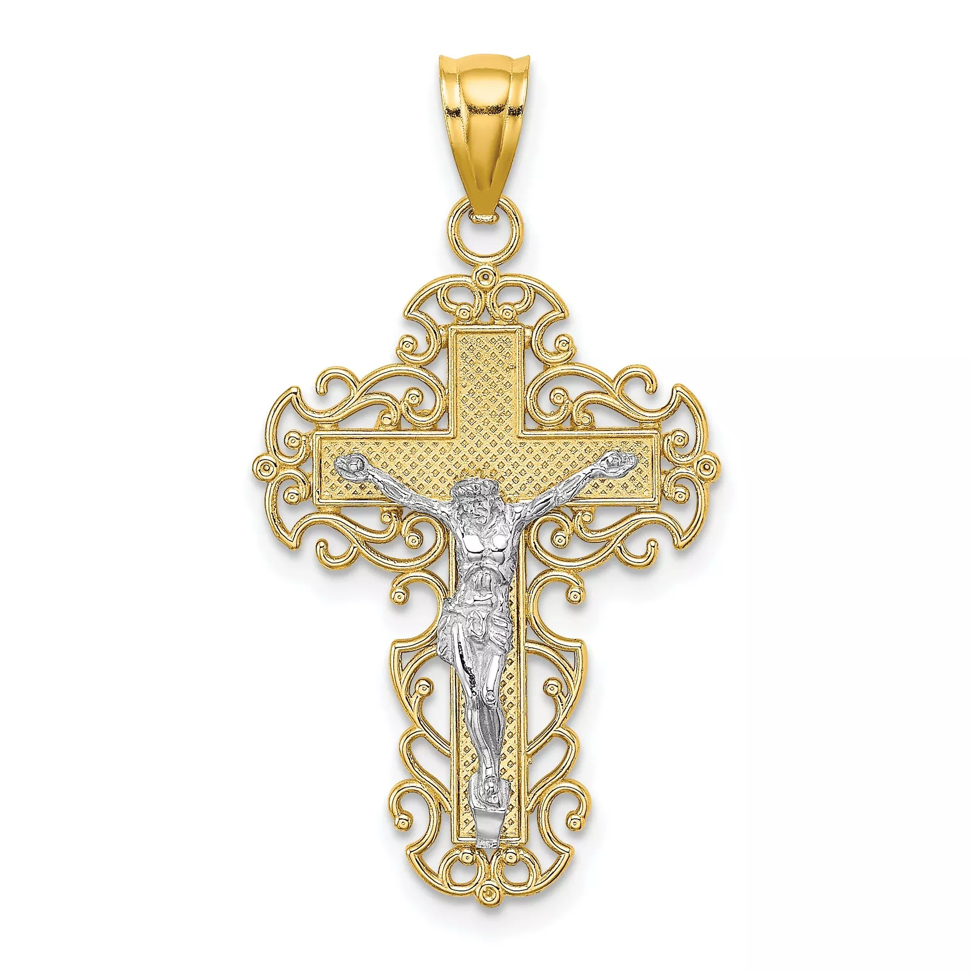 10k Multi-Tone Gold Crucifix Cross Pendant with Filigree Design and Jesus Figure