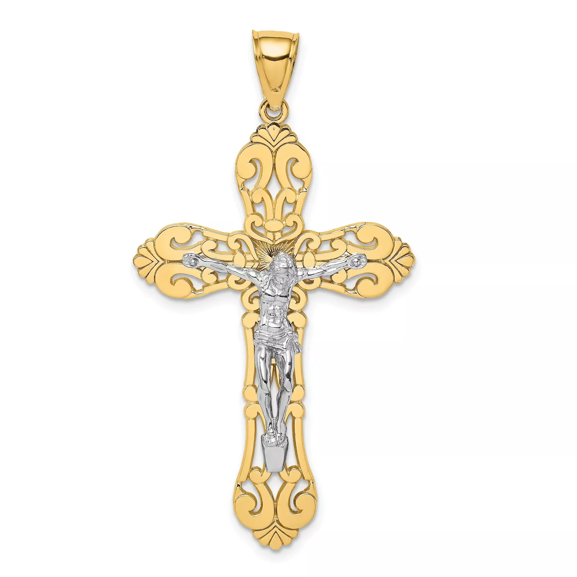 10k Multi-Tone Gold Crucifix Cross Pendant with Filigree Design for Men and Women