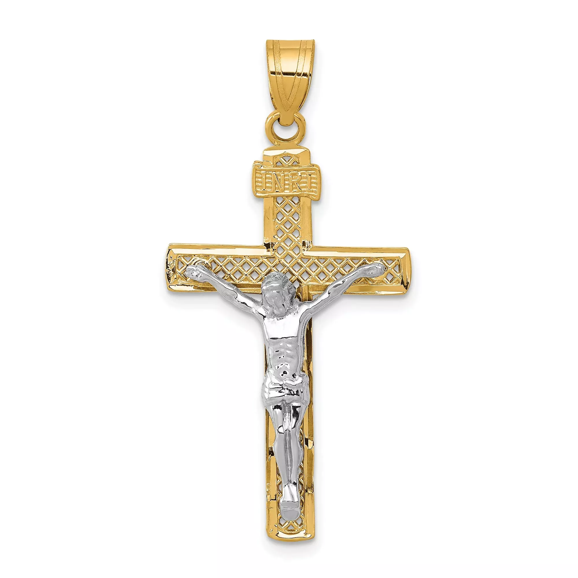 10k Multi-Tone Gold Crucifix Cross Pendant with INRI Plaque and Jesus Figure