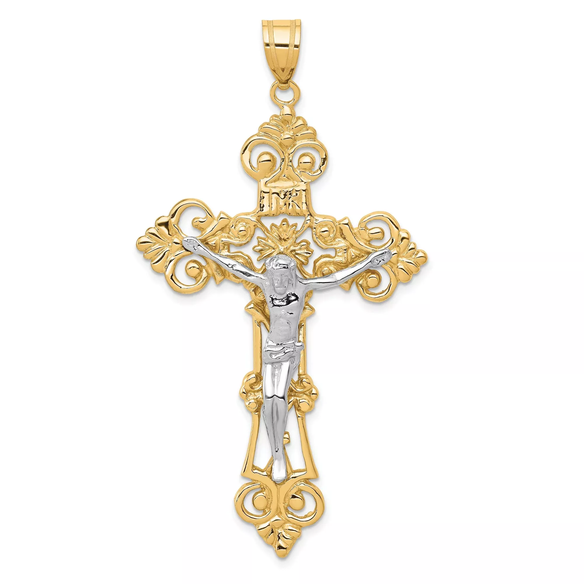 10k Multi-Tone Gold Crucifix Cross Pendant with Jesus Figure and Ornate Baroque Design