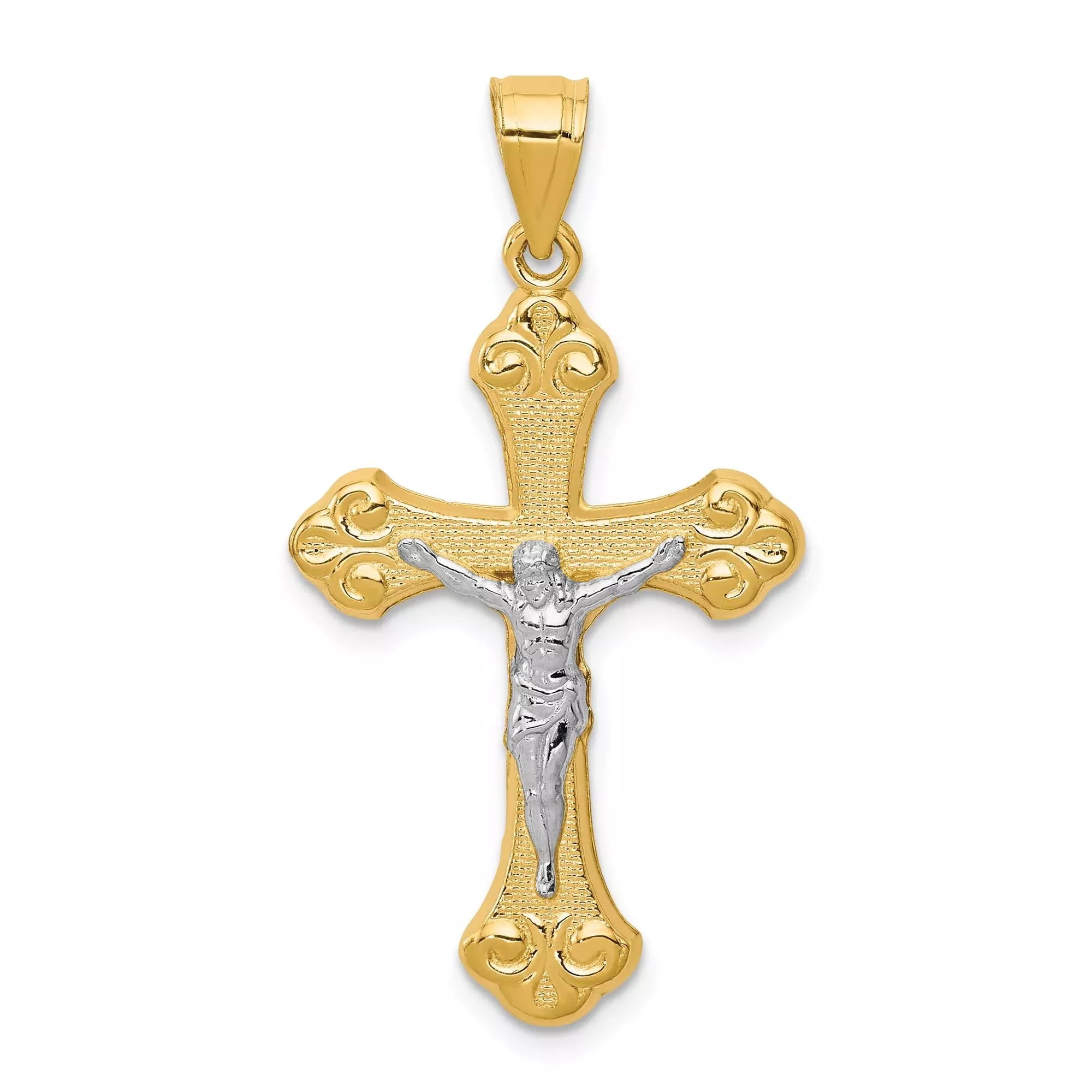 10k Multi-Tone Gold Crucifix Cross Pendant with Rhodium Accent, Detailed Jesus Figure, Baroque Style