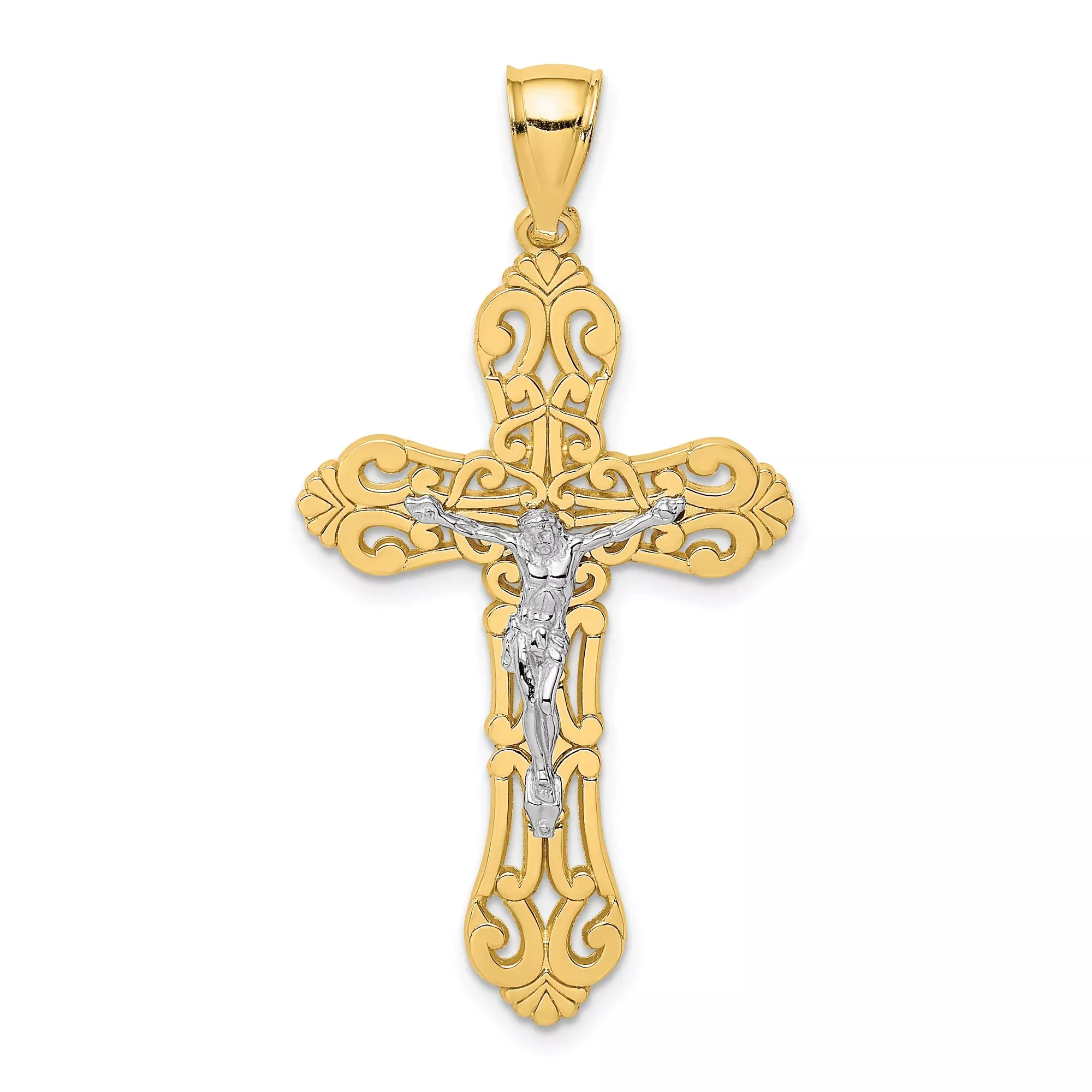 10k Multi-Tone Gold Crucifix Cross Pendant with Scroll Tip Baroque Design for Men and Women