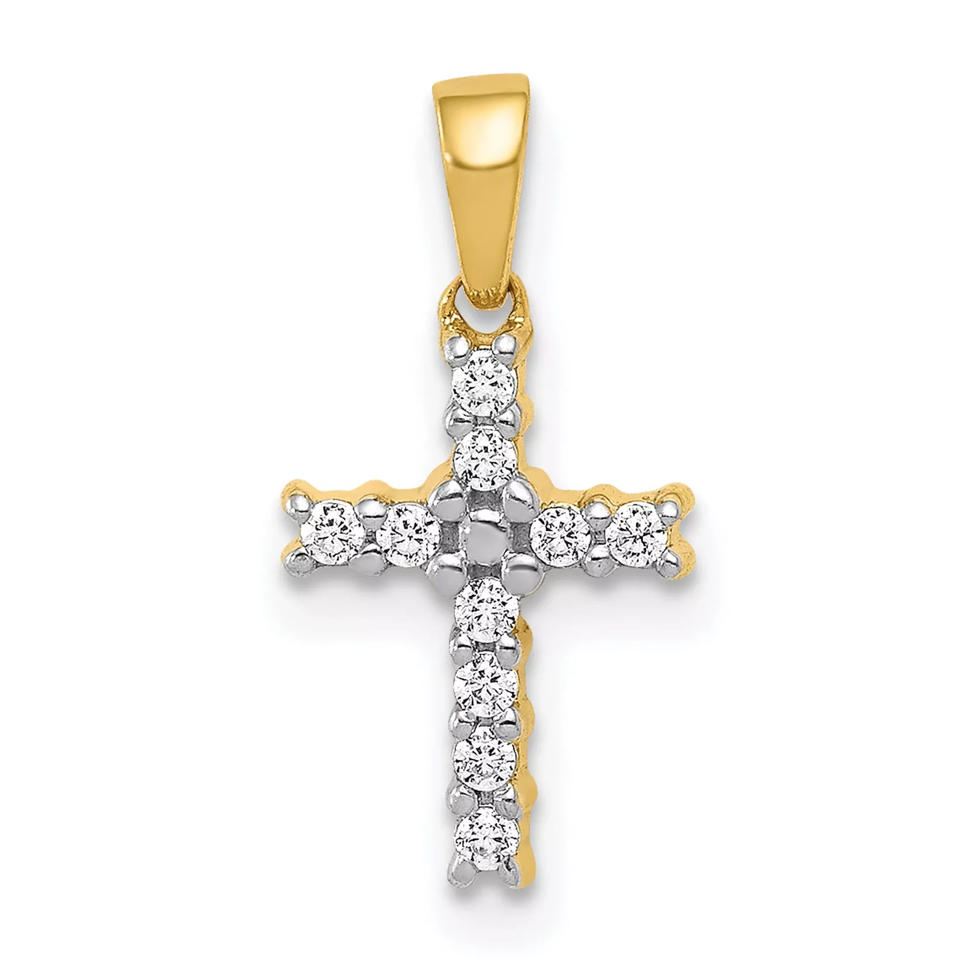 10k Multi-Tone Gold Latin Cross Pendant with White Stones, Polished Bail, Religious Design