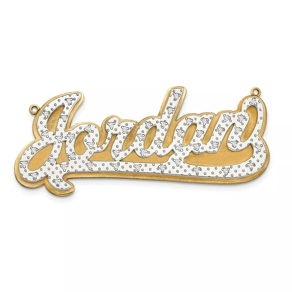 10k and Rhodium 3 Dimensional Diamond Name Plate Pendant
