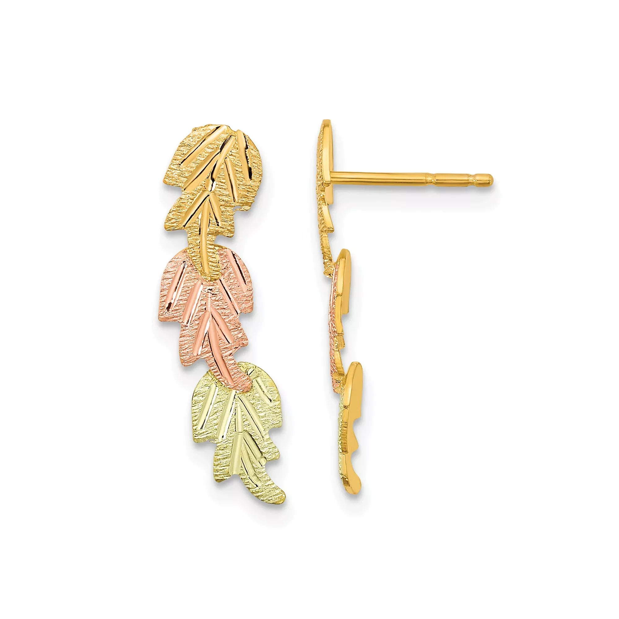 10k Tri-Color Gold Leaf Climber Earrings with Textured Yellow, White, and Rose Gold Leaves