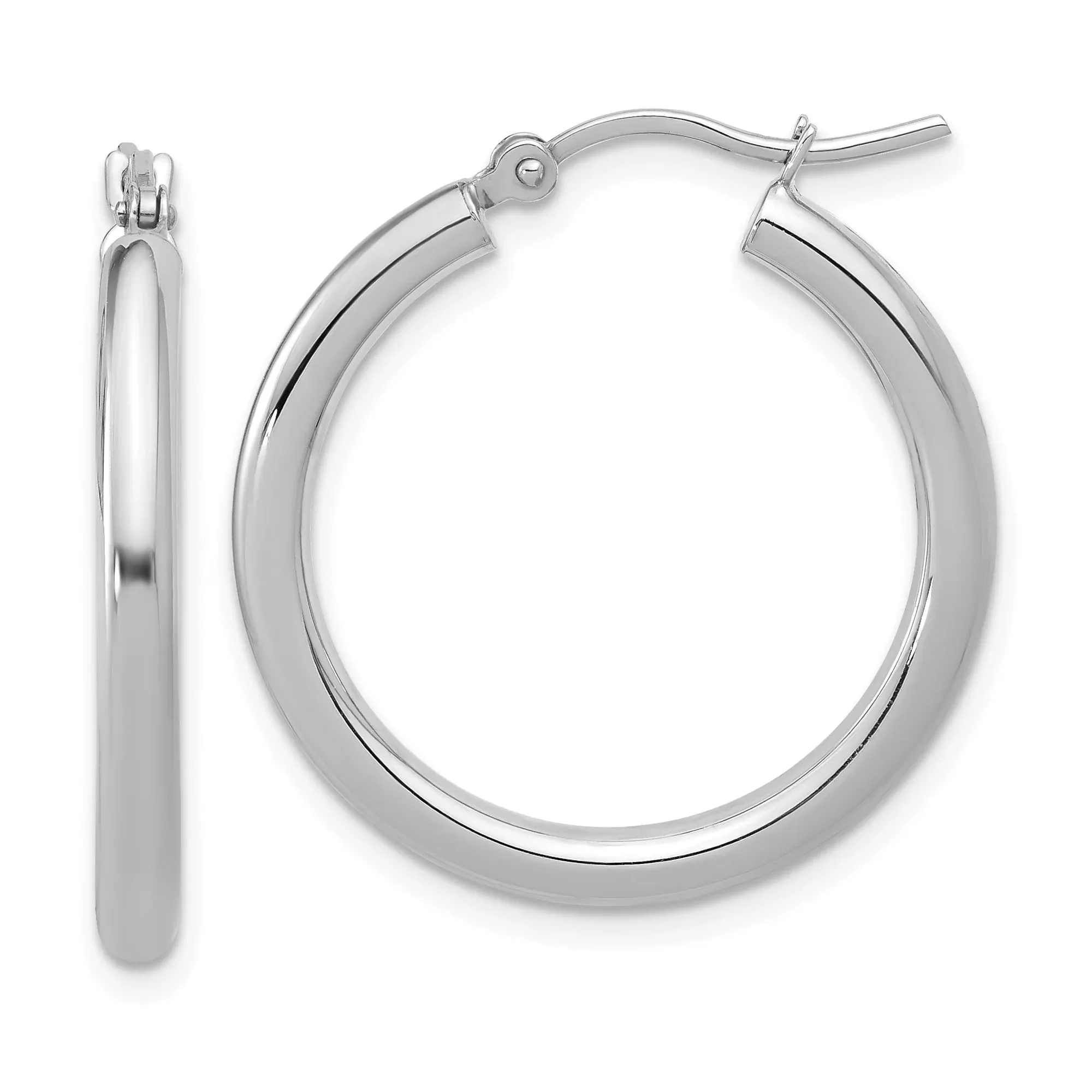 10k White Gold Hoop Earrings, Classic Polished Round Design with Hinged Snap Closure