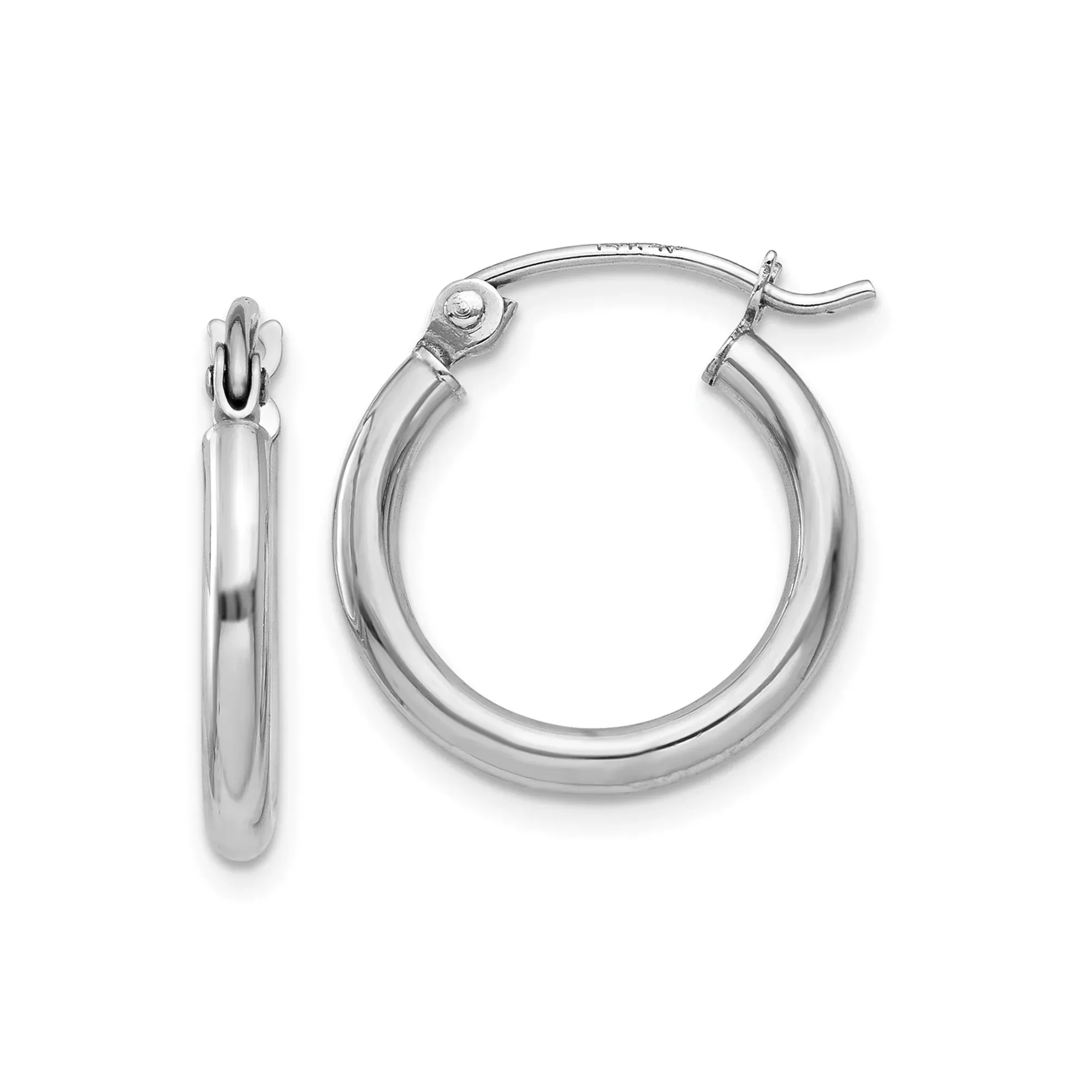 10k White Gold Hoop Earrings, Classic Round Design with Hinged Clasp, Polished Finish
