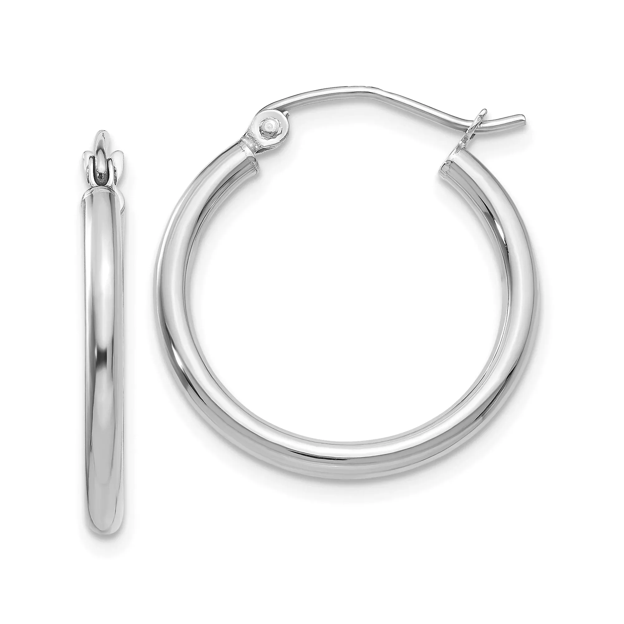 10k White Gold Hoop Earrings, Classic Round Polished Design, Hinged Snap Back Closure