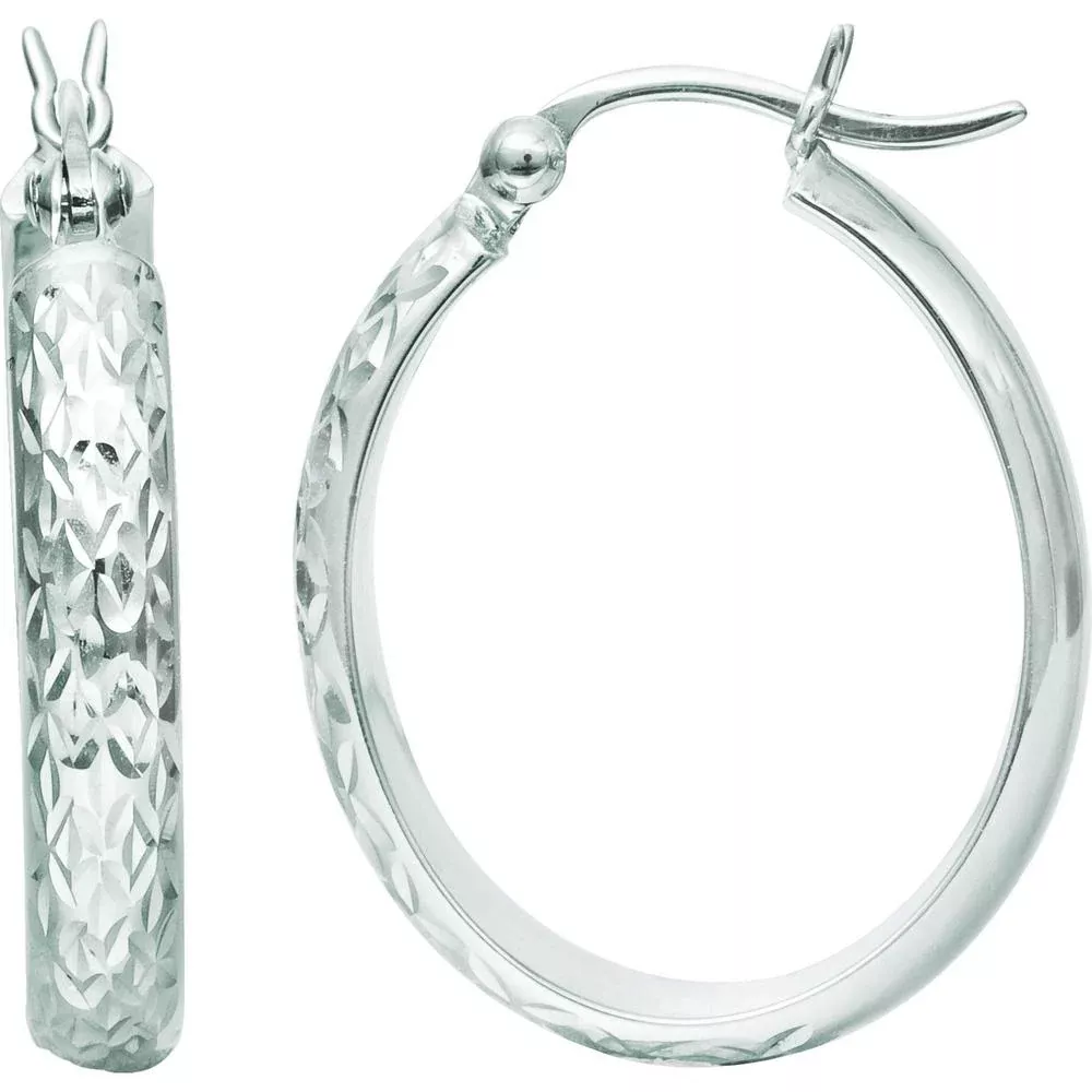 10K White Gold Oval Diamond-Cut Hoop Earrings - Textured Design by Orozza Fine Jewelry