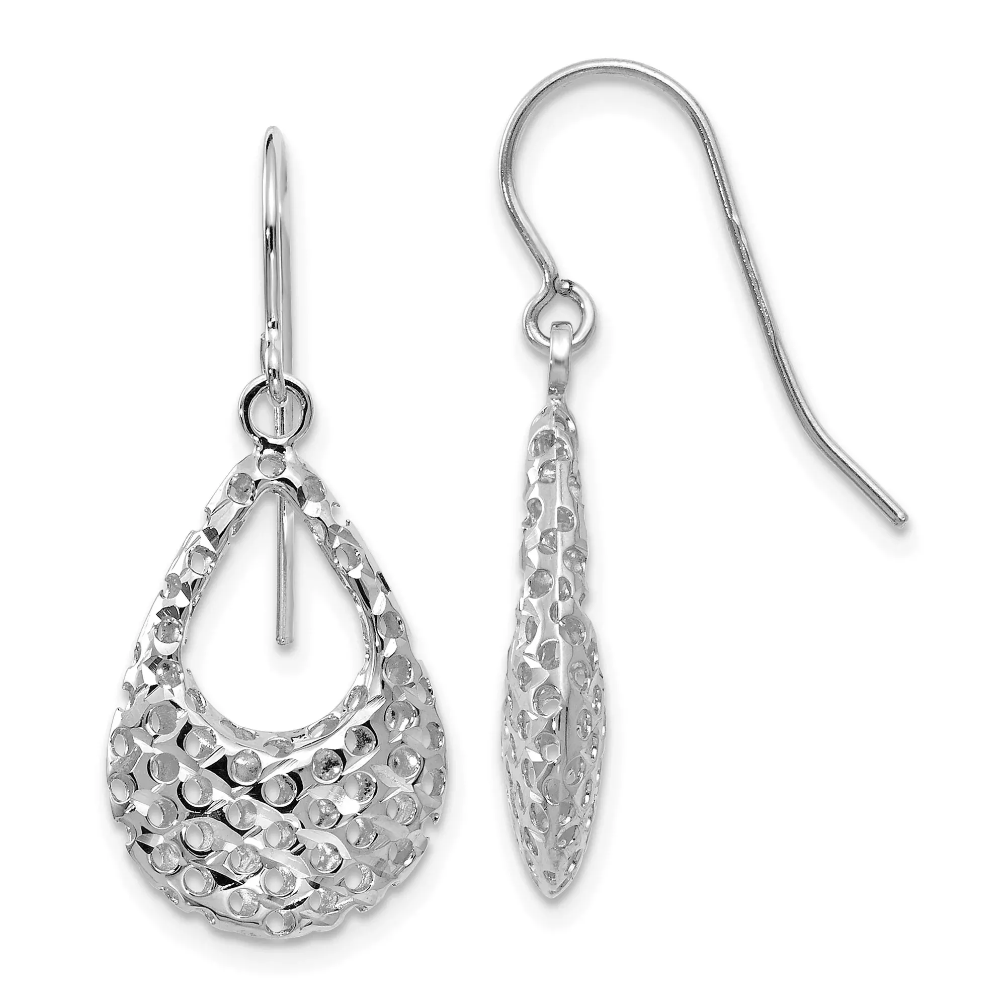 10k White Gold Teardrop Dangle Earrings, Diamond Cut Textured Finish, Lightweight Drop Design