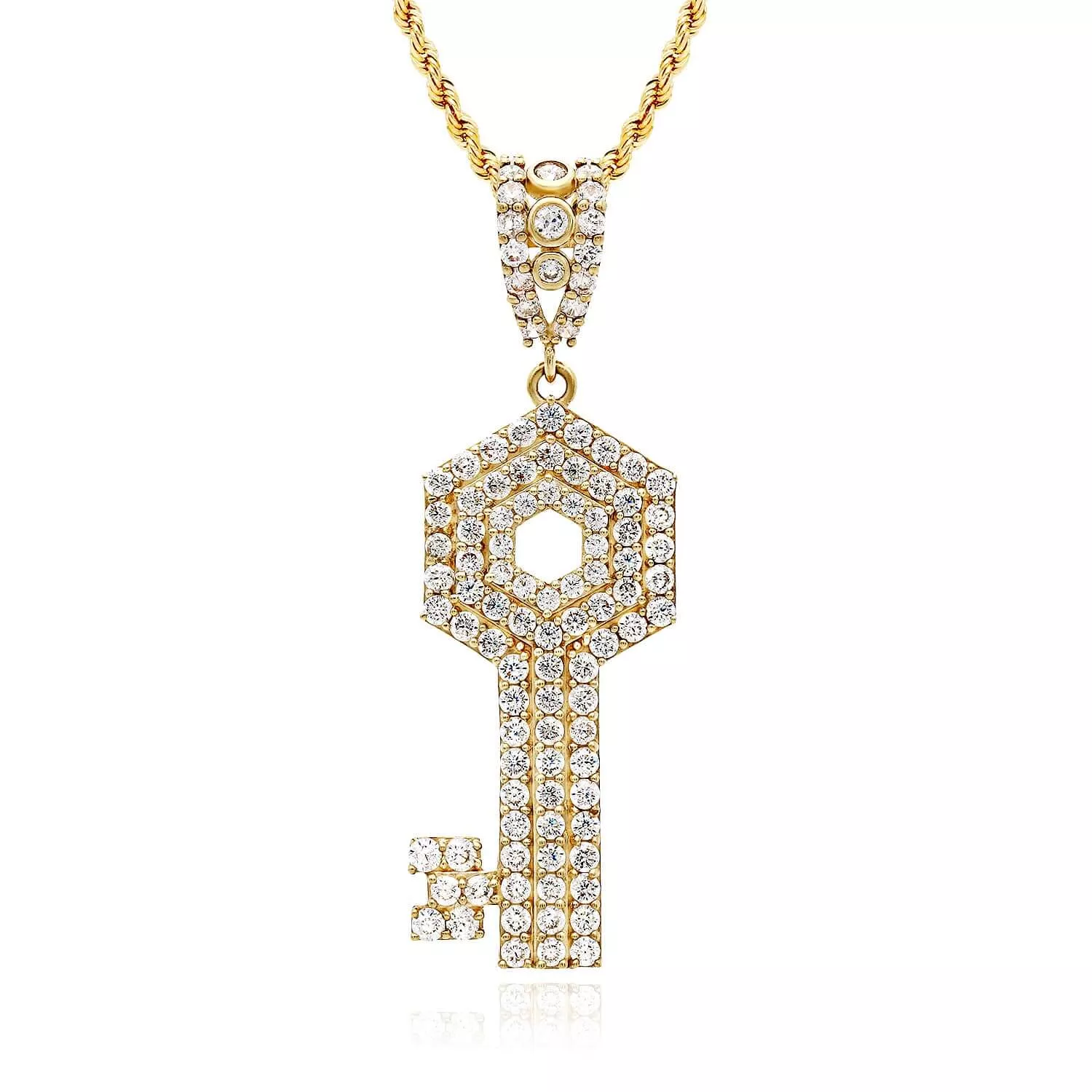 10K Yellow Gold CZ Key Pendant 2"