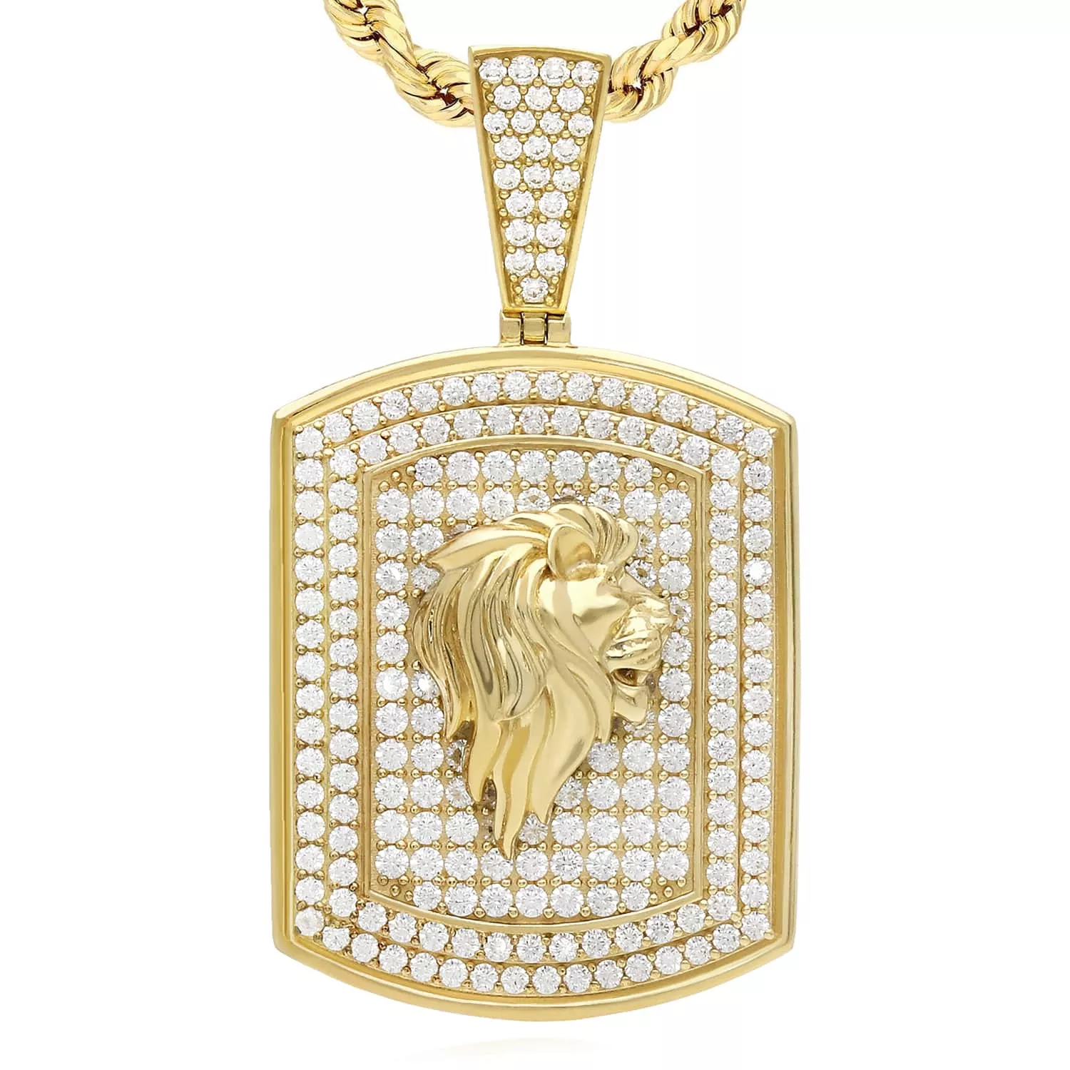 10K Yellow Gold CZ Pave Rectangular Lion Face Pendant 1.8"