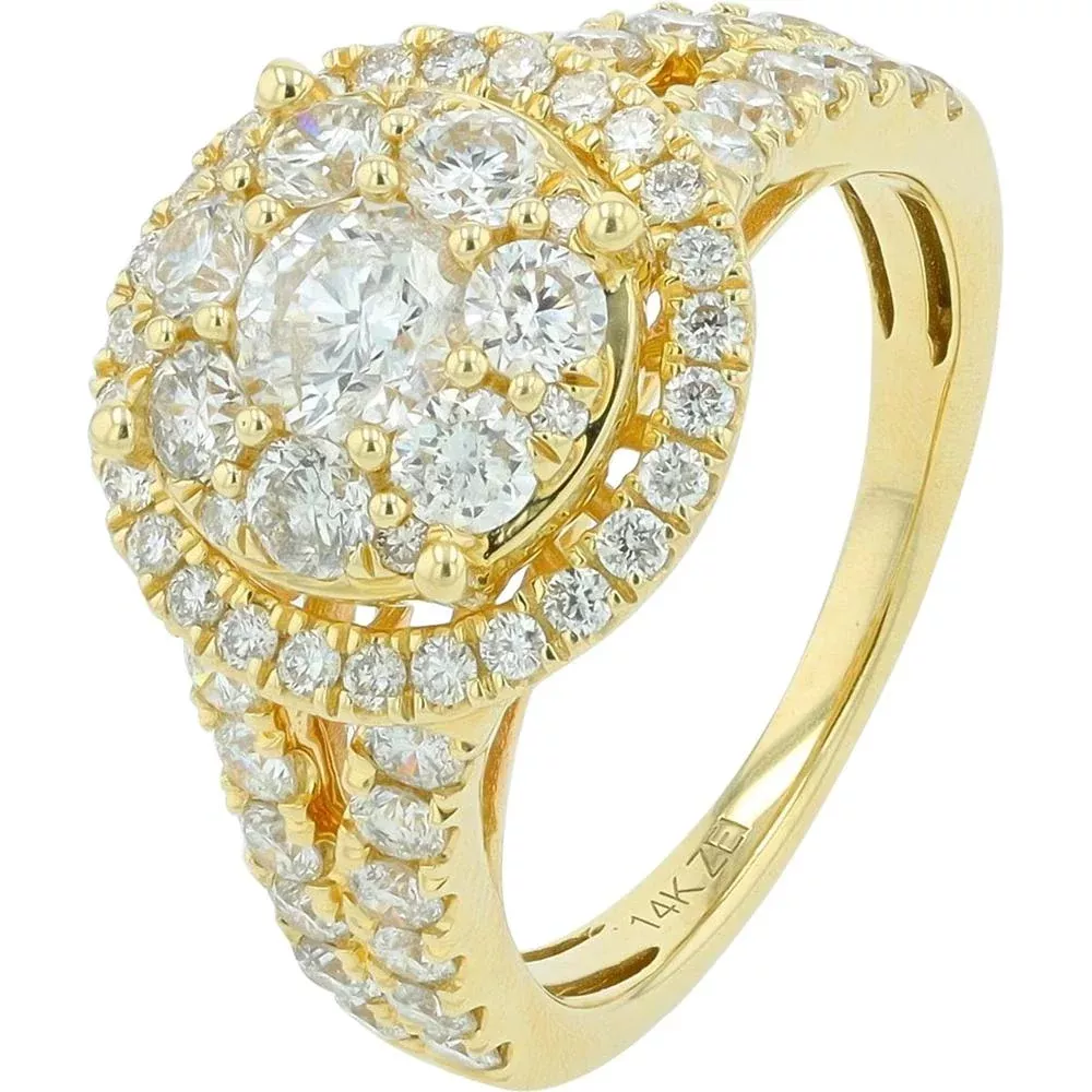 10K Yellow Gold Diamond Cluster Ring with Double Halo - 2.00 Carat Total Diamond Weight