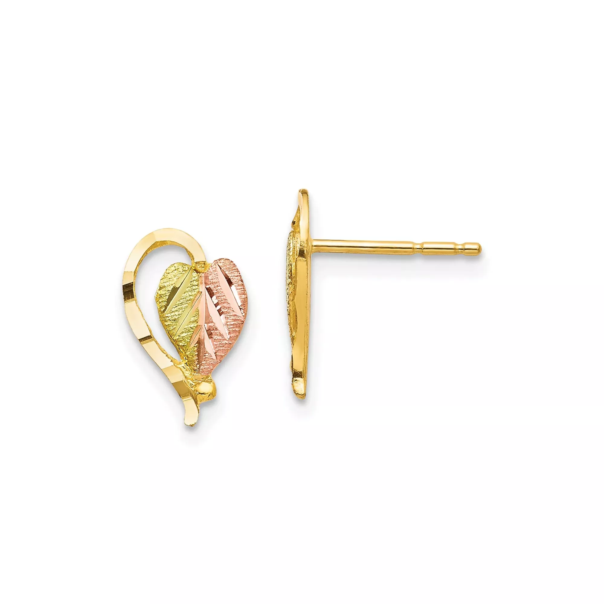 10k Yellow Gold Heart and Leaf Stud Earrings, Tri-Color Floral Design for Women