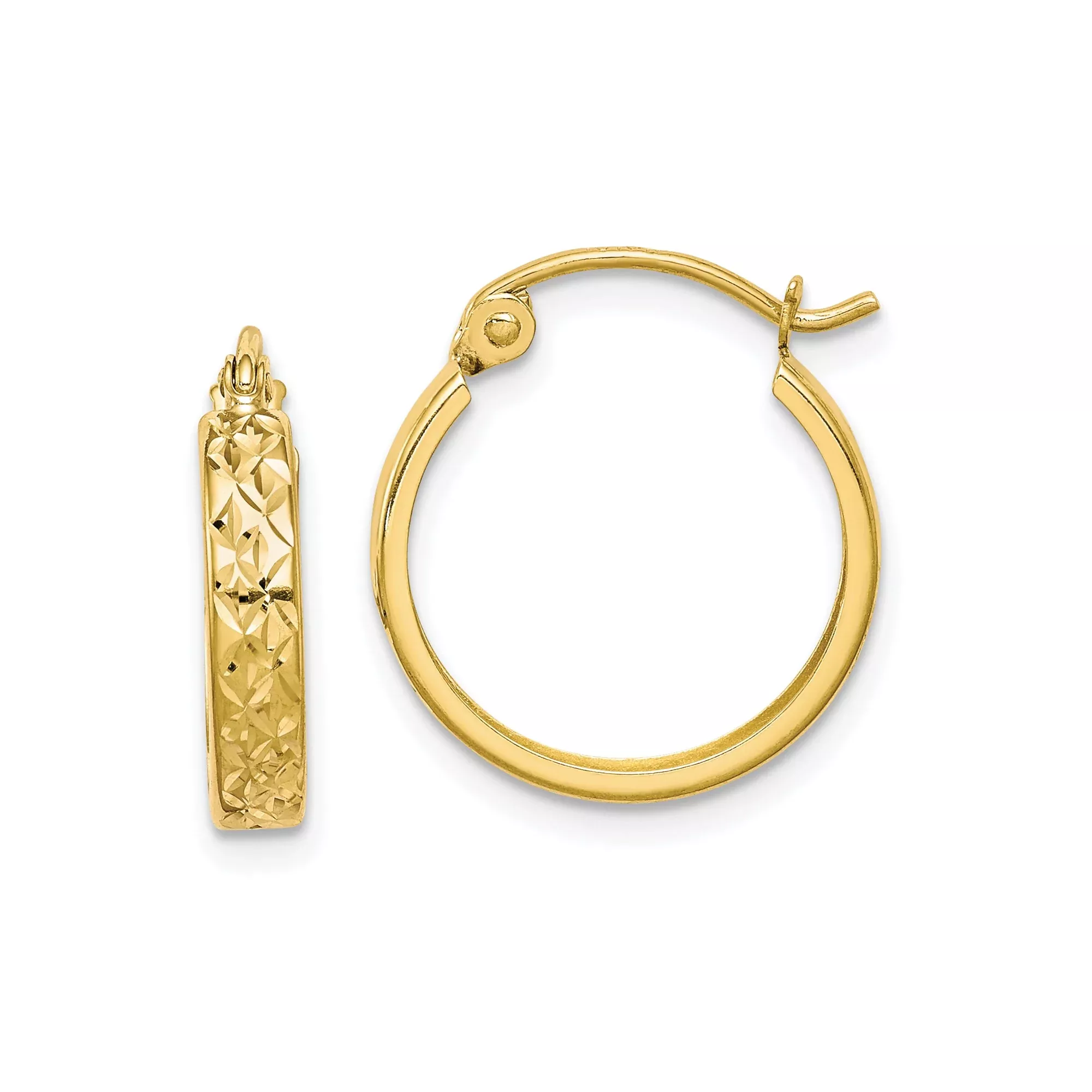 10k Yellow Gold Hoop Earrings, Diamond-Cut Textured Lightweight Medium Hoops for Women
