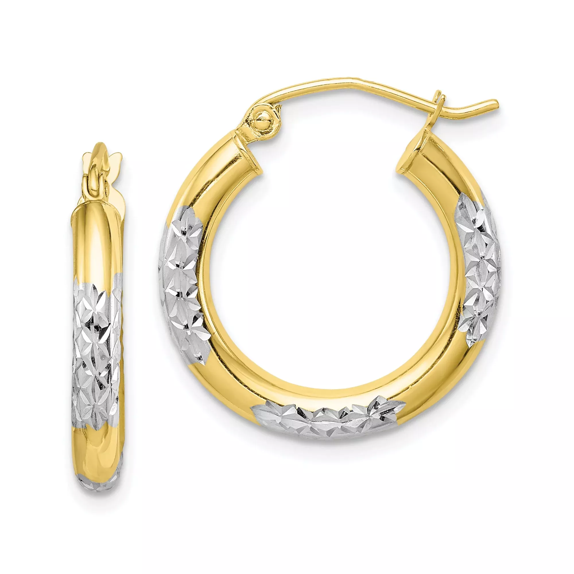 10k Yellow Gold Hoop Earrings, Diamond-Cut Textured Two-Tone Round Design for Women