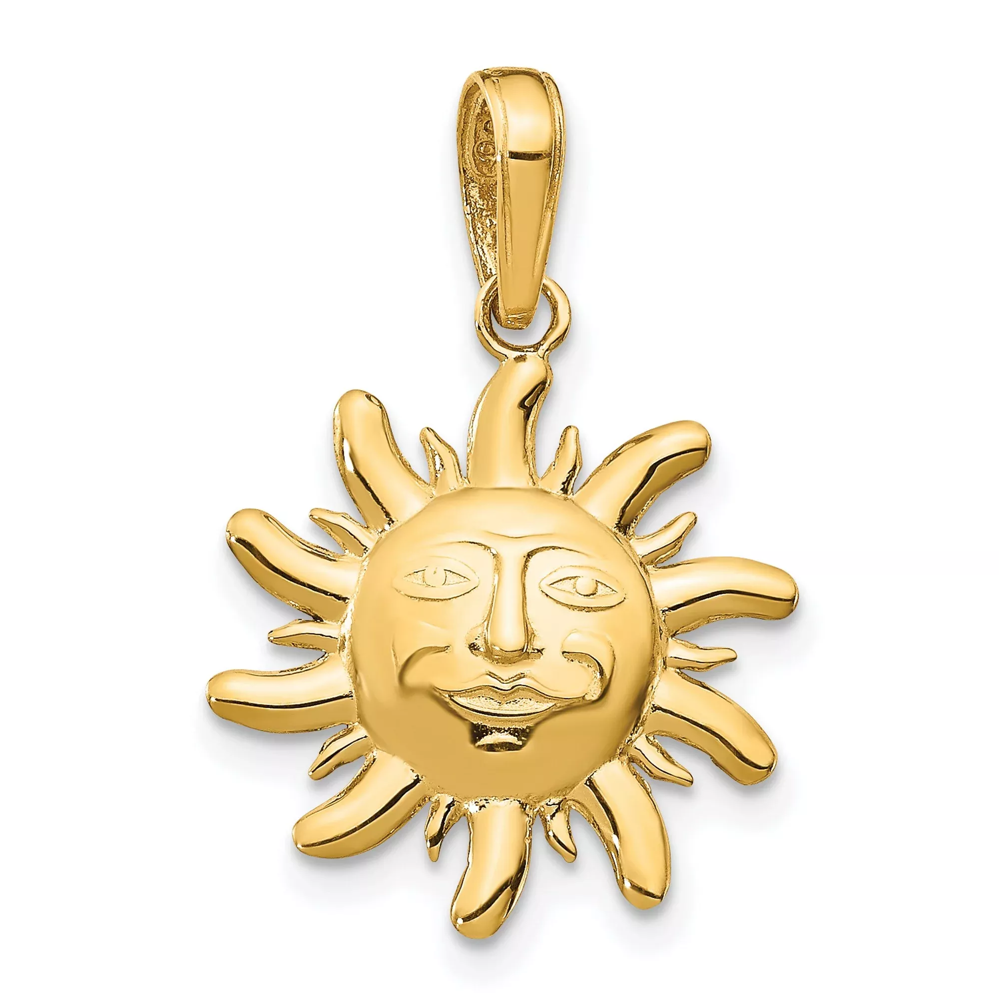 10k Yellow Gold Sun Face Pendant, Stylized Cosmic Design, Celestial Talisman for Women or Unisex Wear