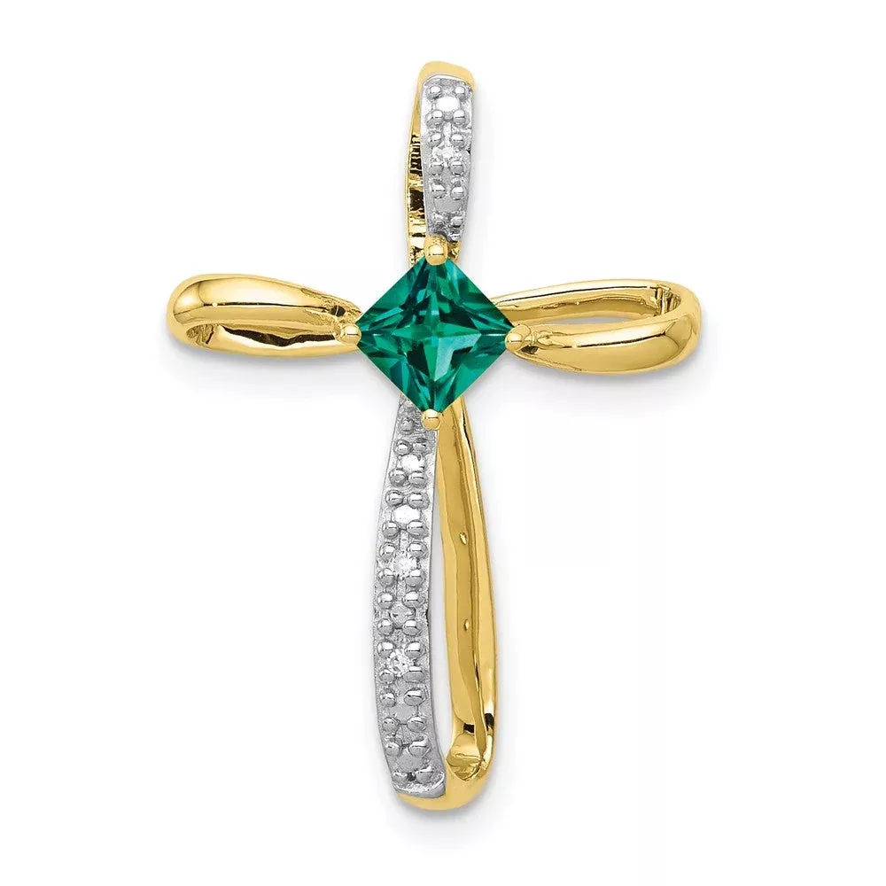 10k Yellow Gold w /Rhodium Lab Created Emerald and Real Diamond Cross Pendant