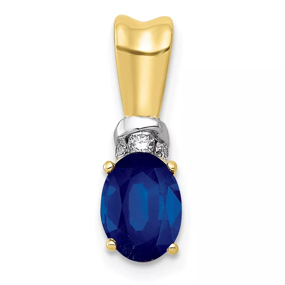 10k Yellow Gold w/Rhodium Real Diamond and Oval Sapphire Pendant