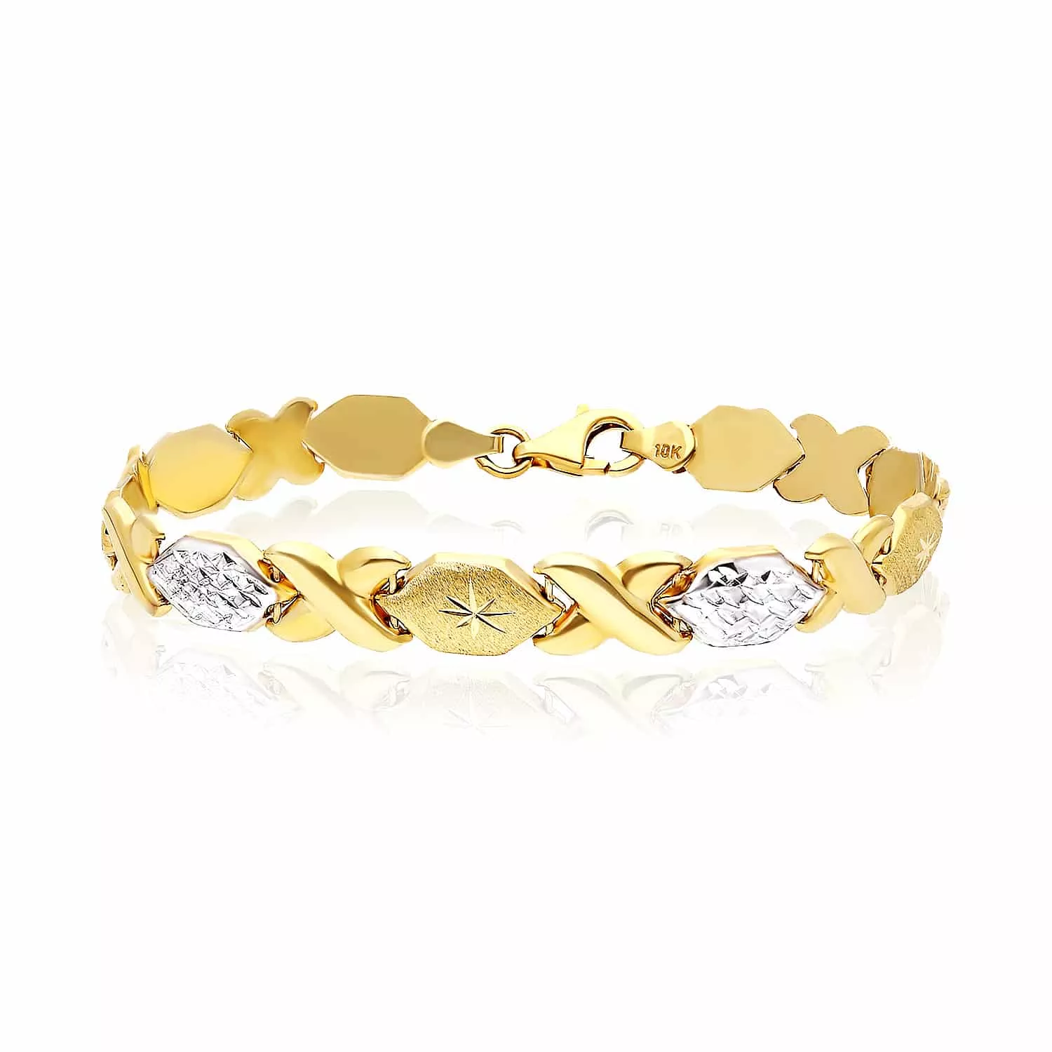10K Yellow White Gold Two-Tone 7mm Diamond-Cut XO Stampato Bracelet (Hollow) 7.25"