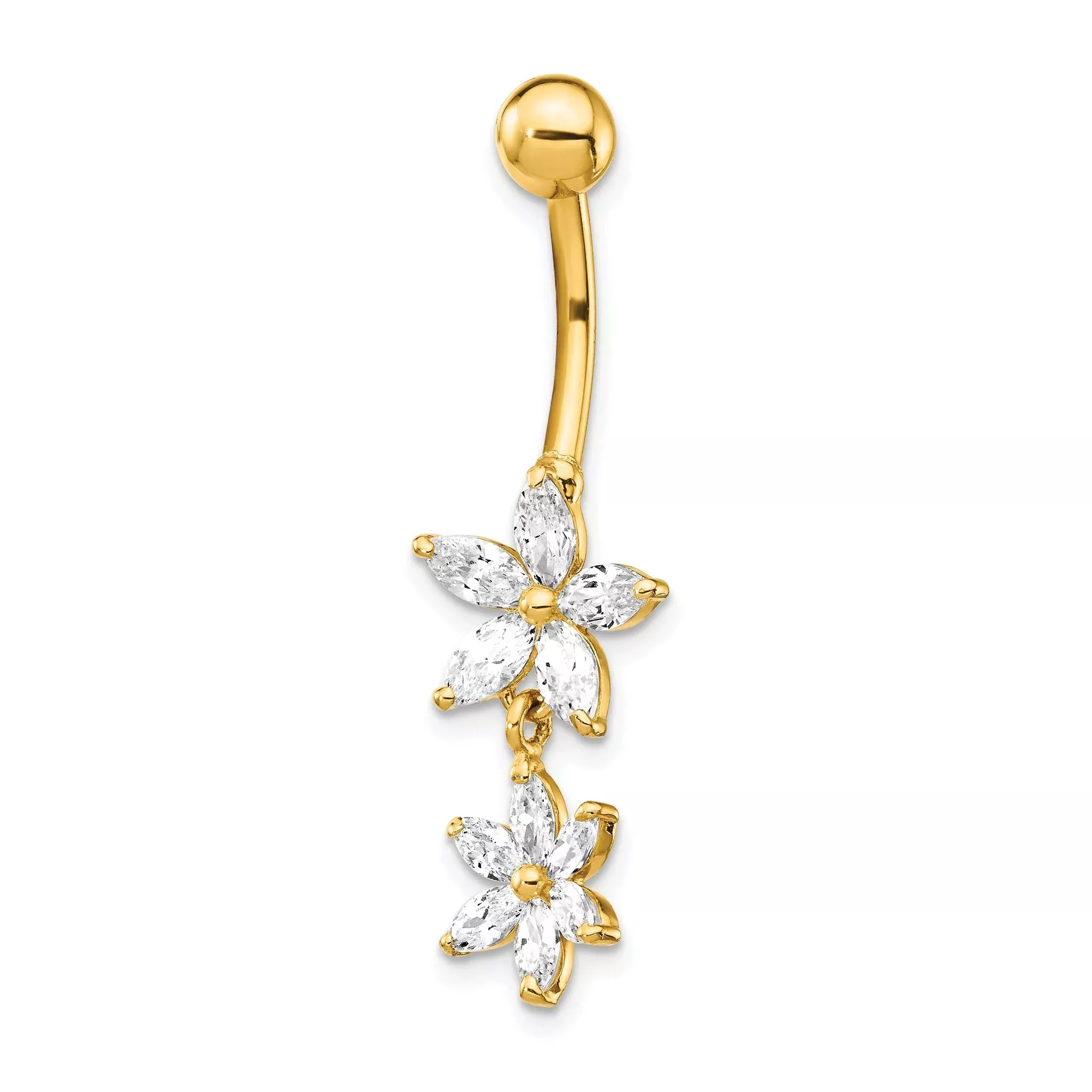 14k 14 Gauge CZ 2-Flower Dangle Belly Ring