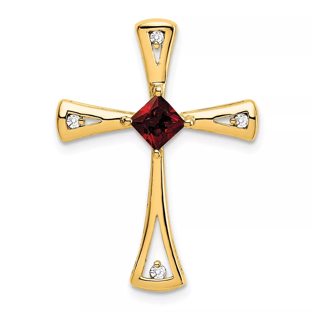 14k 4mm Square Garnet and Diamond Cross Chain Slide