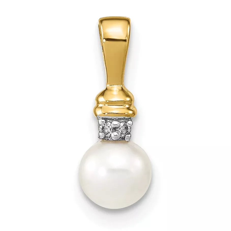 14K 5-6mm White Round FW Cultured Pearl and Diamond Pendant