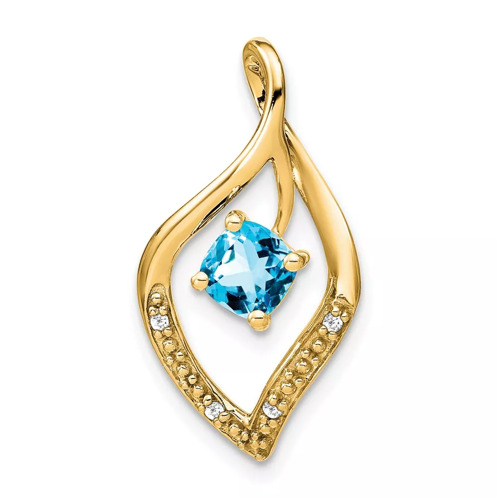14k 5mm Cushion Blue Topaz and Diamond Leaf Chain Slide