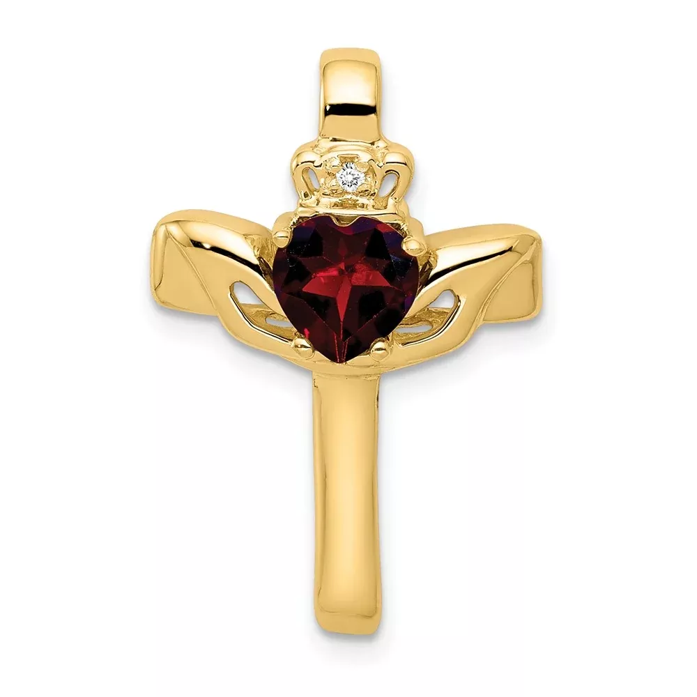 14k 6mm Claddagh Garnet AAA Diamond Cross Pendant