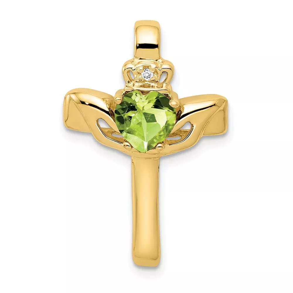 14k 6mm Claddagh Peridot AAA Diamond Cross Pendant