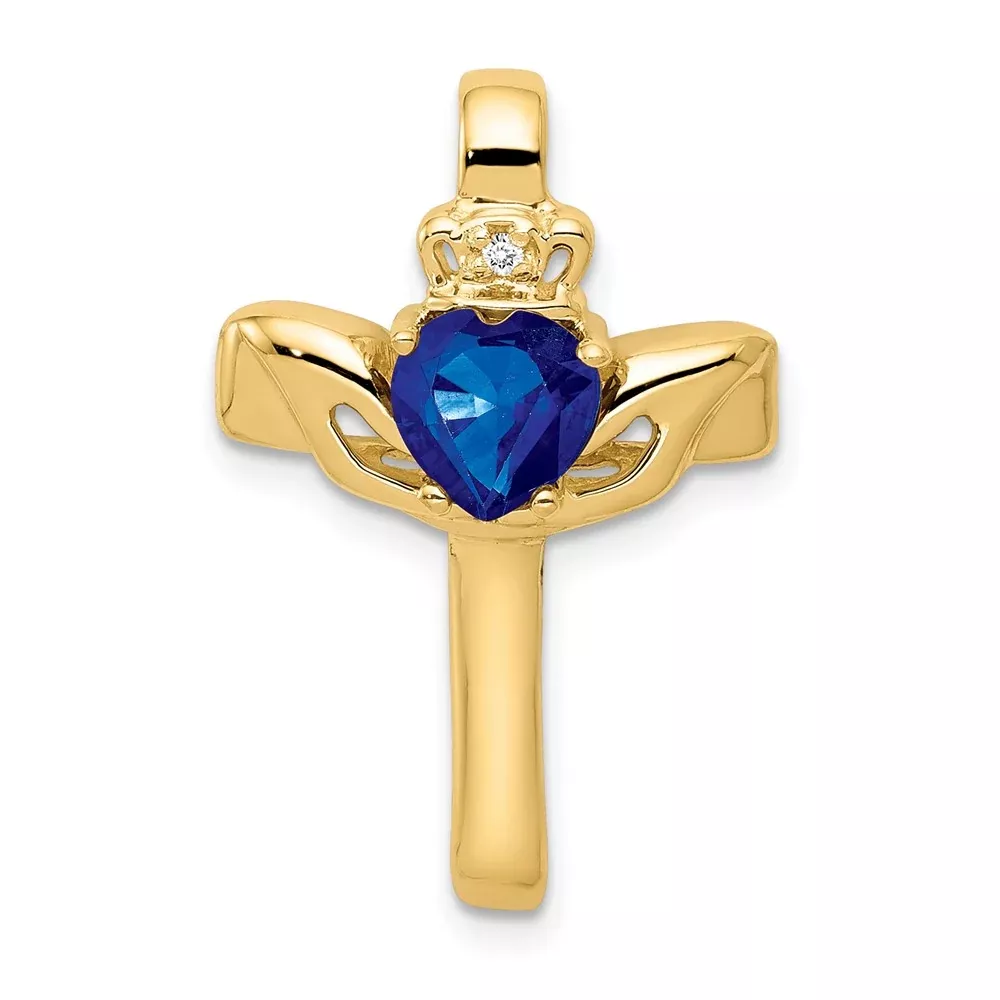 14k 6mm Claddagh Sapphire AA Diamond Cross Pendant
