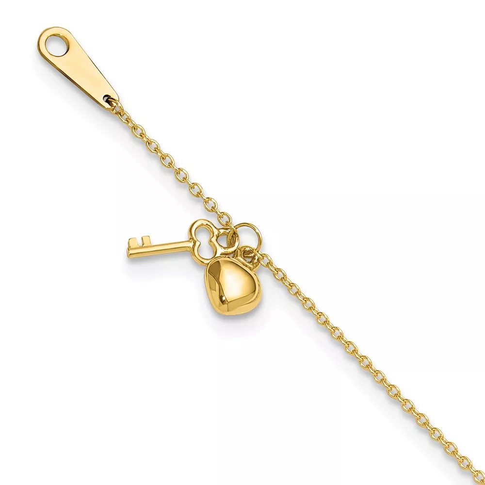 14k Cable Chain with Puffed Heart and Key Dangle Plus Extender – Total Anklet