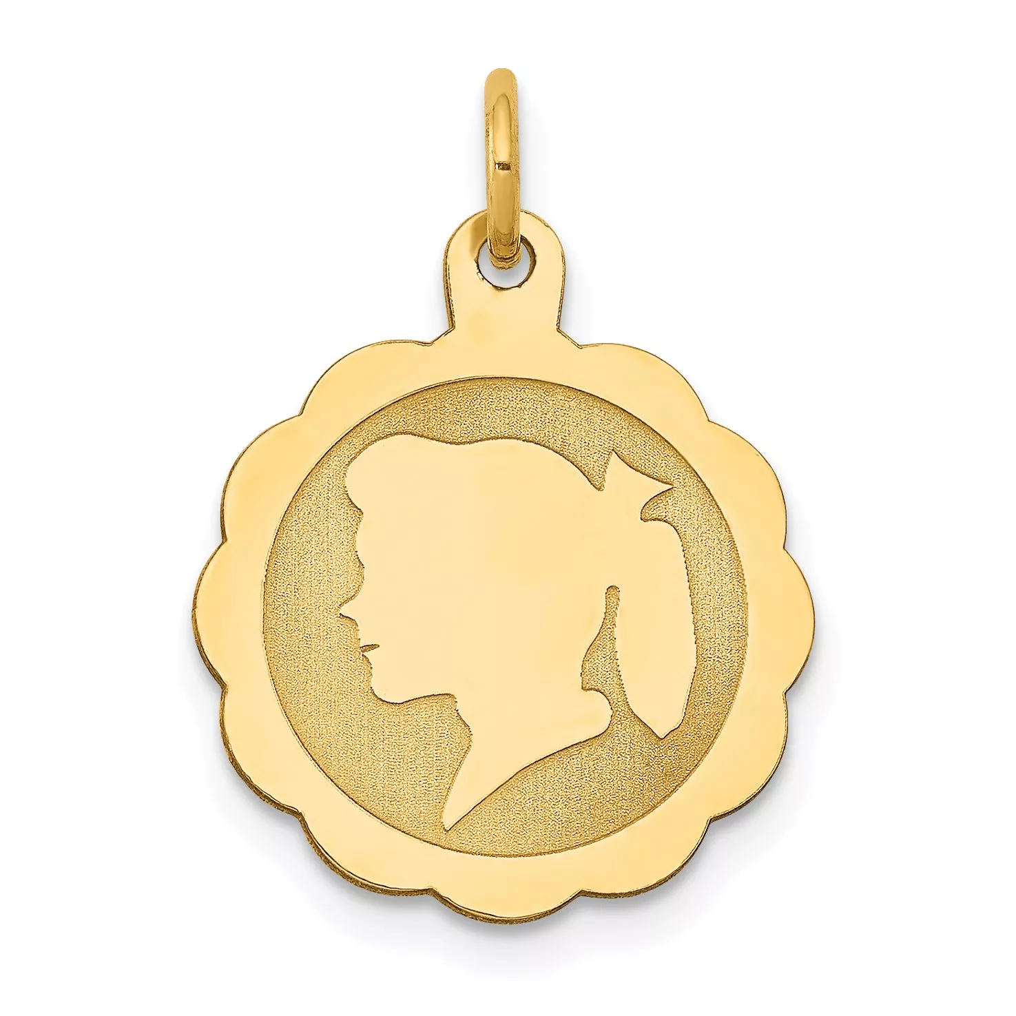 14K Girl Head on .009 Gauge Engravable Scalloped Disc Charm