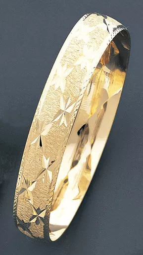 14k Gold 12mm Wide Star Pattern Engraved Slip-on Solid Bangle 7.5 Inches