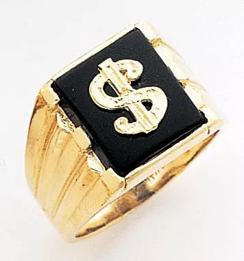 14k Gold Men's 15mm Dollar Sign Onyx Ring