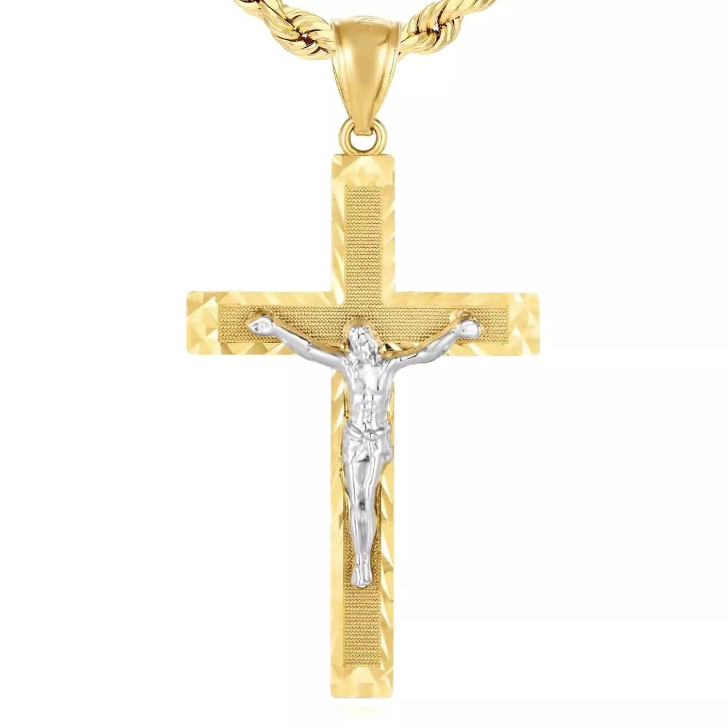 14K Gold Two-Tone Yellow White Jesus Crucifix Cross Pendant 2"