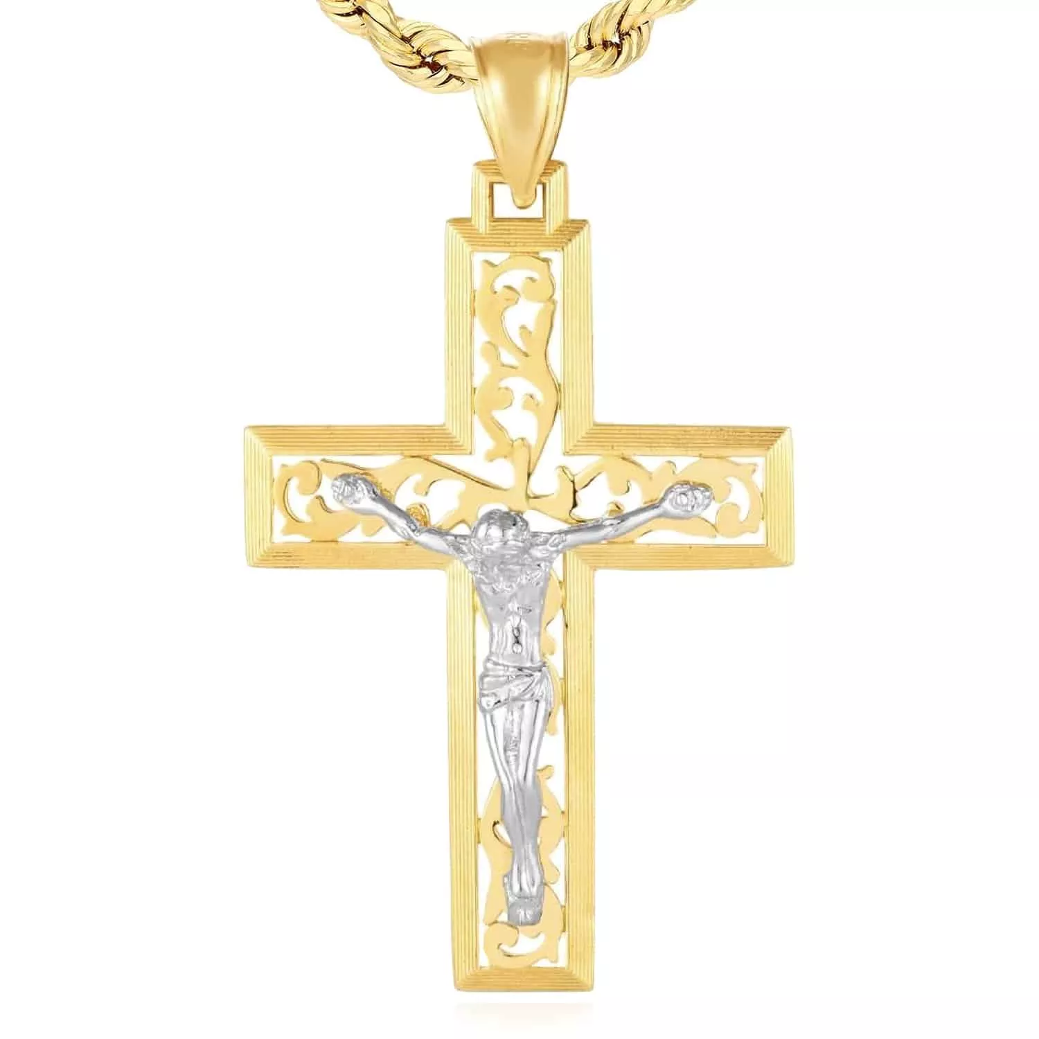 14K Gold Two-Tone Yellow White Ornaments Jesus Crucifix Cross Pendant 1.8"