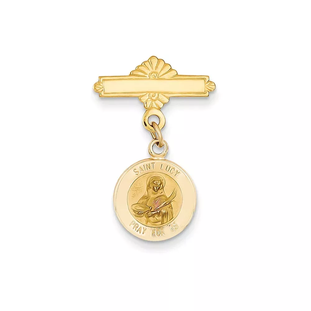 14K Gold Unisex Saint Lucy Medal Pin Solid & Elegant