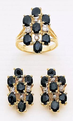 14k Gold13mm by 21mm Diamond & Genuine Sapphire Ring and Earring Set