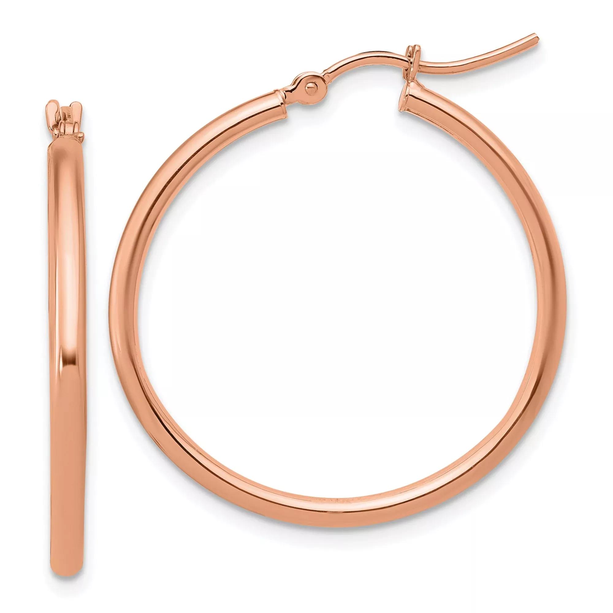 14k Rose Gold Hoop Earrings, Medium Round Polished Hoops, Lightweight Minimalist Design for Women
