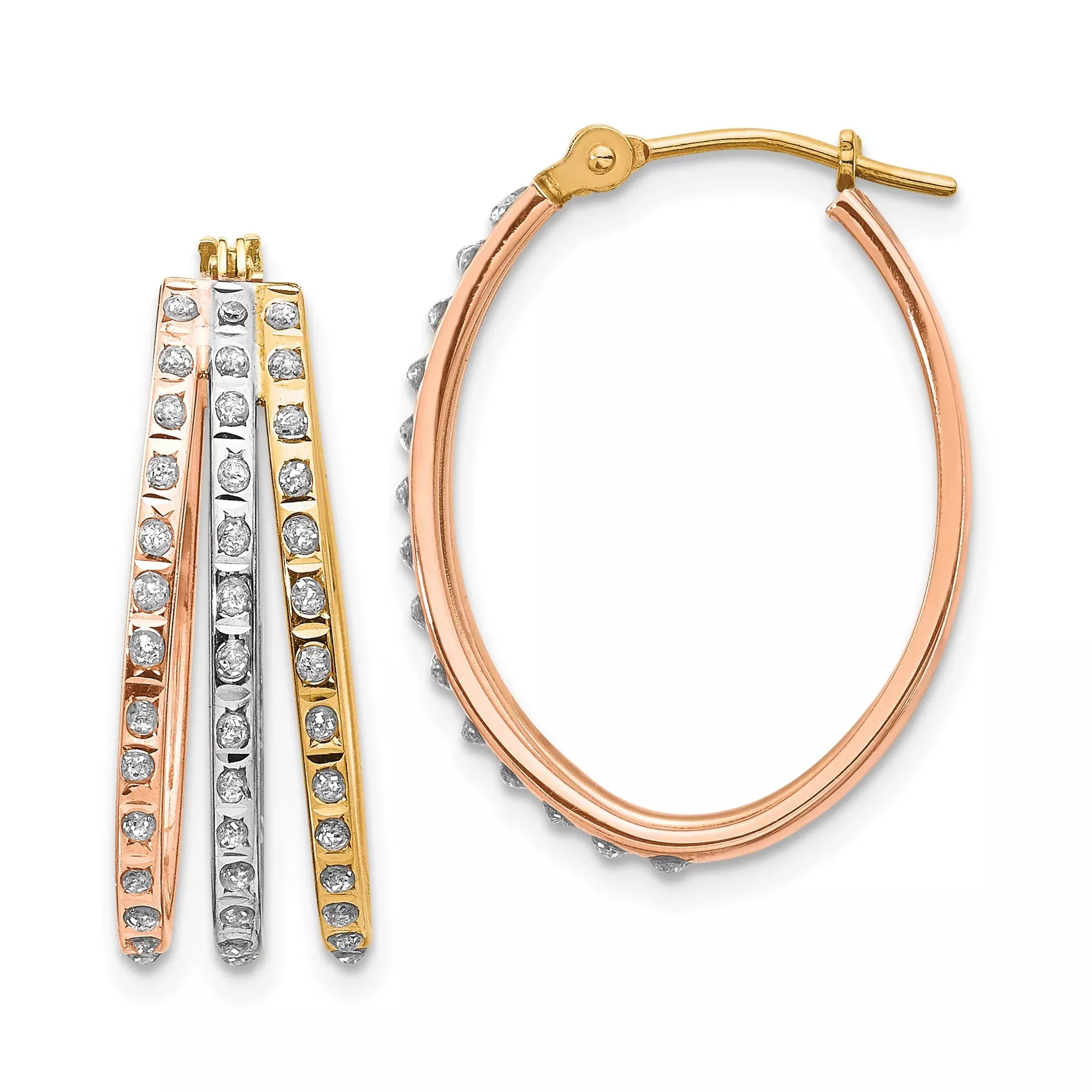 14k Tri Color Gold Hoop Earrings with Diamonds, Round Cut, Polished Finish