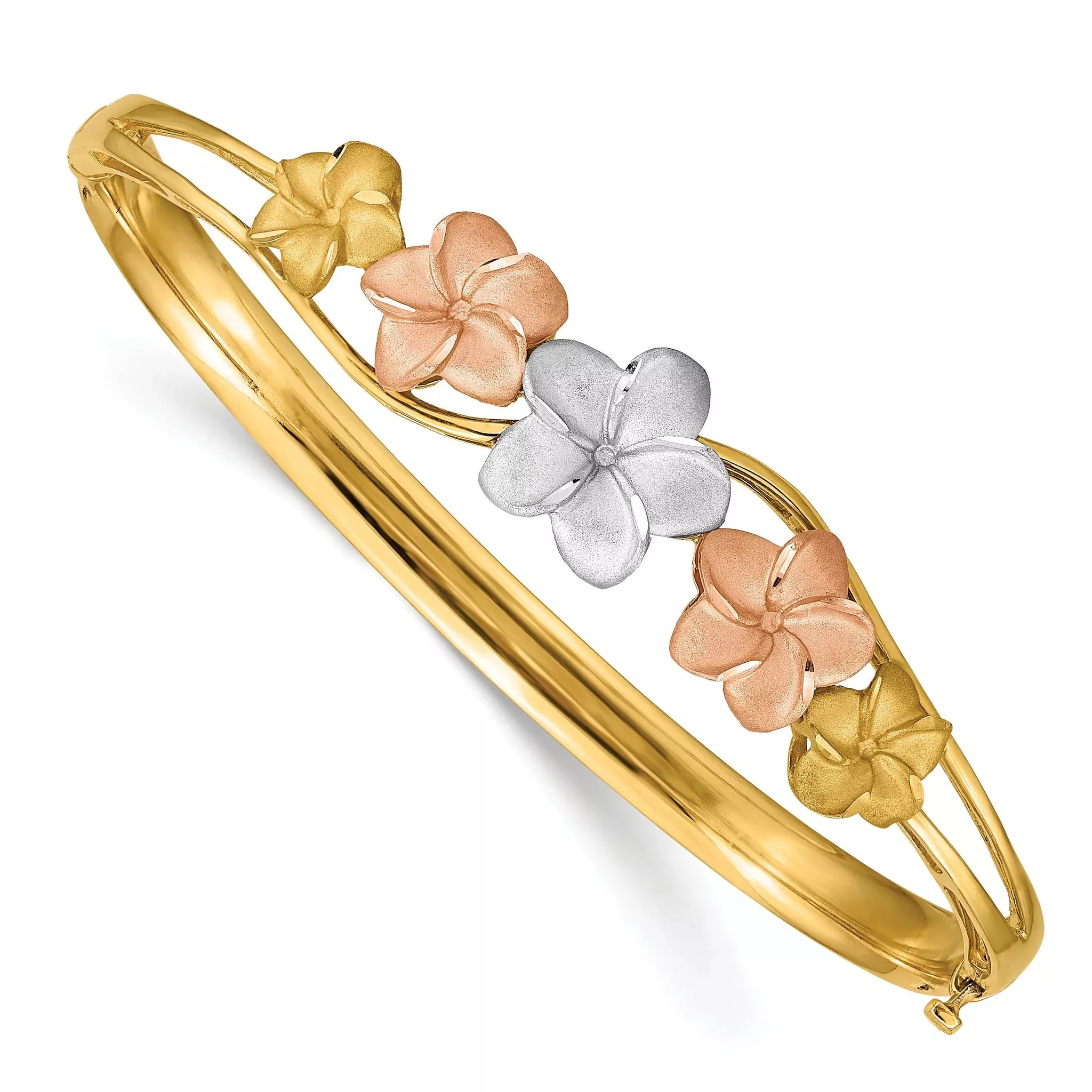 14K Tri-Color Gold Plumeria Bangle with Hinged Diamond-Cut Design