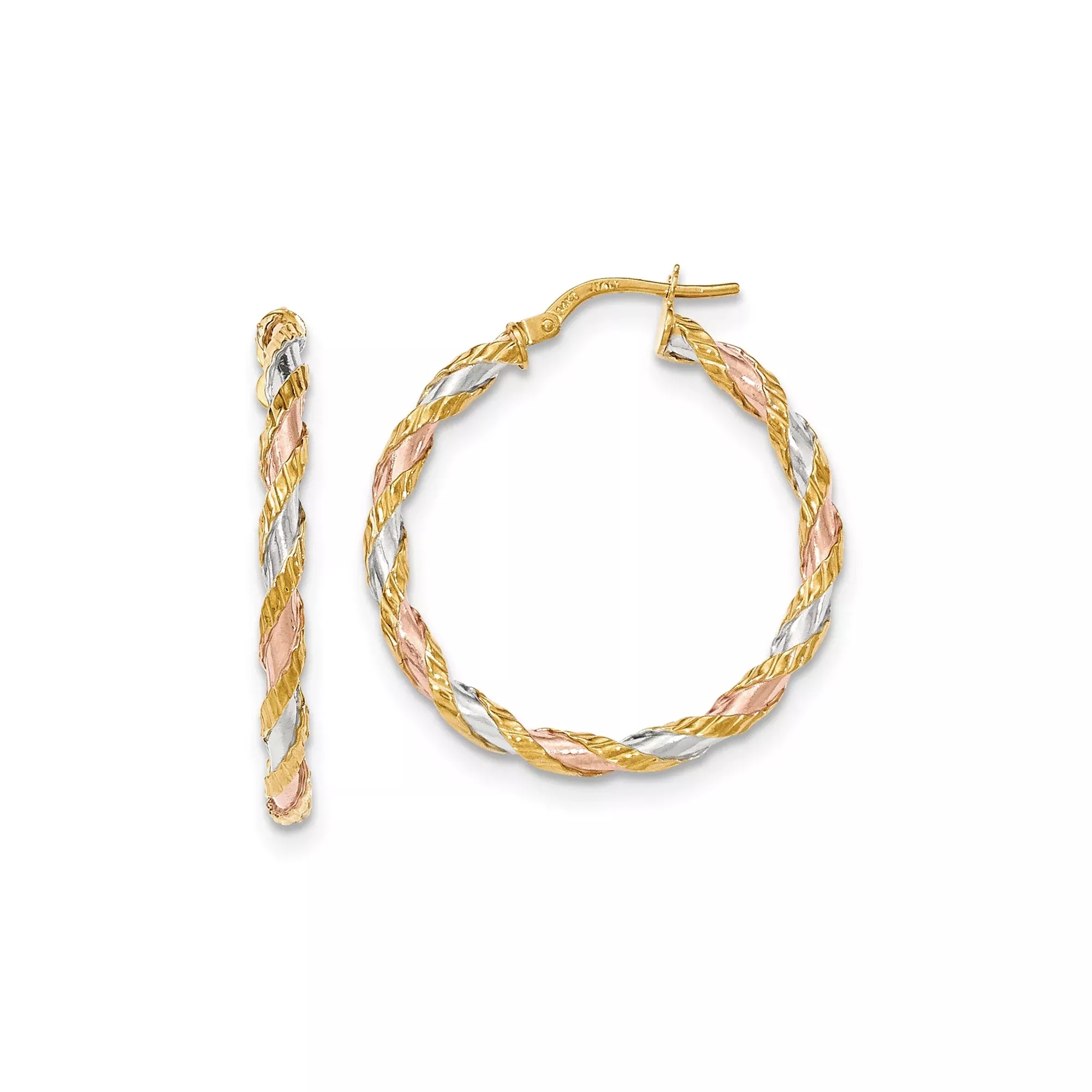 14k Tri-Tone Gold Twisted Hoop Earrings with Textured Rope Design for Women